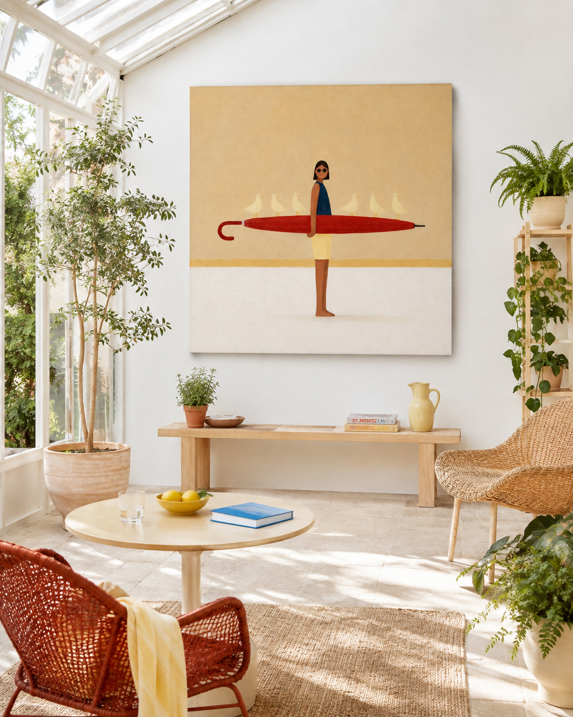 Woman With Red Umbrella And Birds Hand-Painted Canvas Art Abstract Figurative Painting With Playful Modern Aesthetic