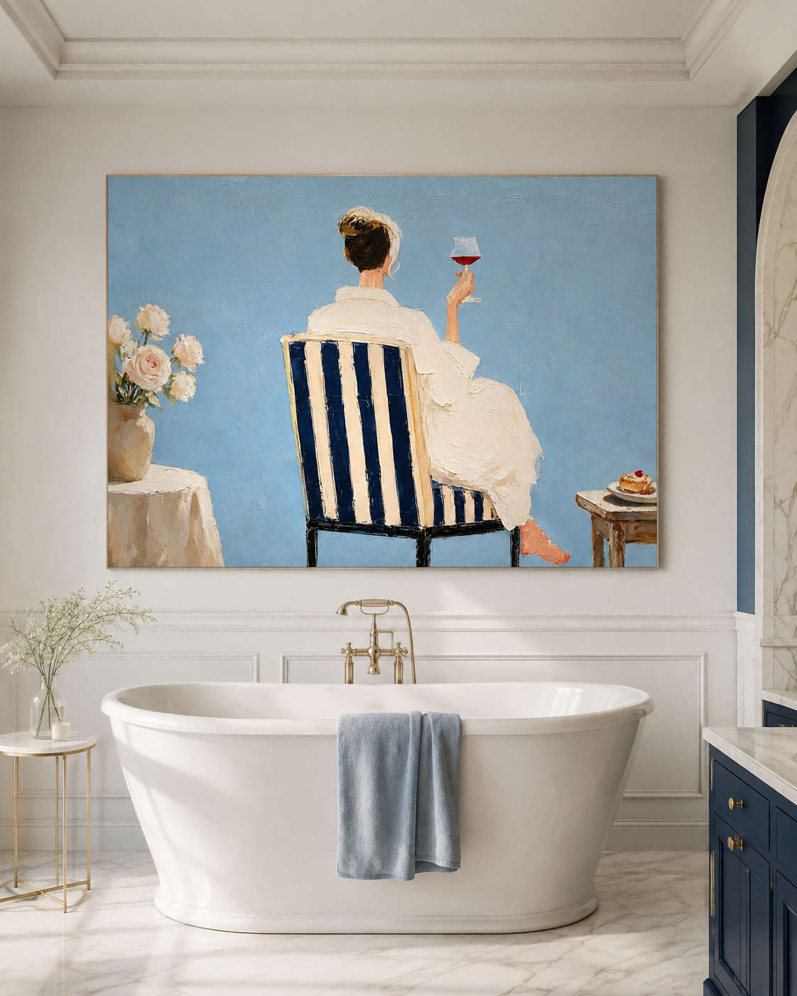 Impressionist Style Canvas Painting Blue And White Striped Chair Art