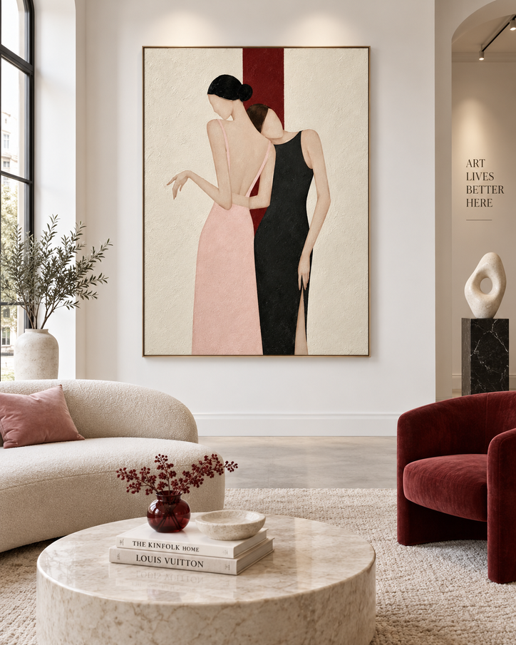 Two Women Embrace Minimalist Canvas Painting In Pink And Black