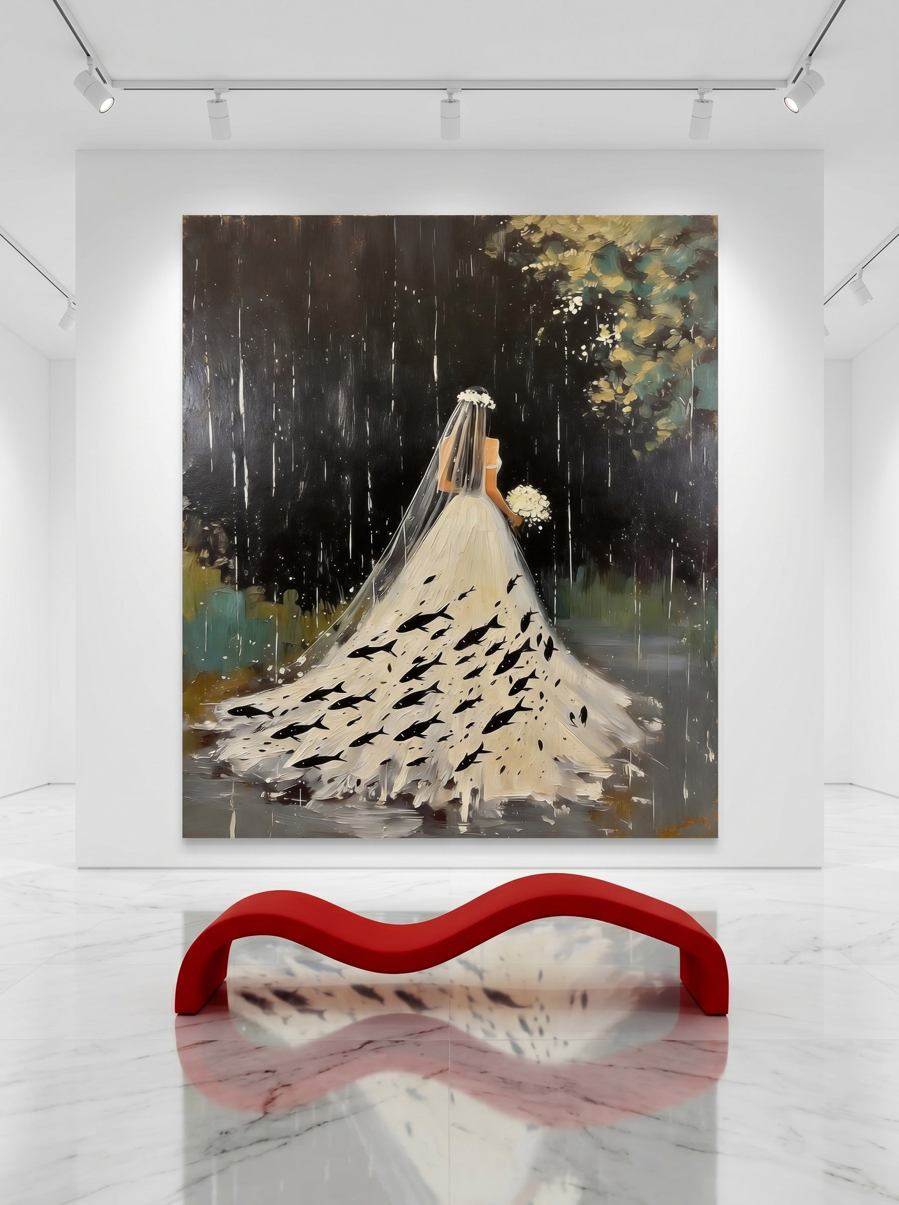 Surreal Bride Painting With Fish In Rain For Modern Home Decor