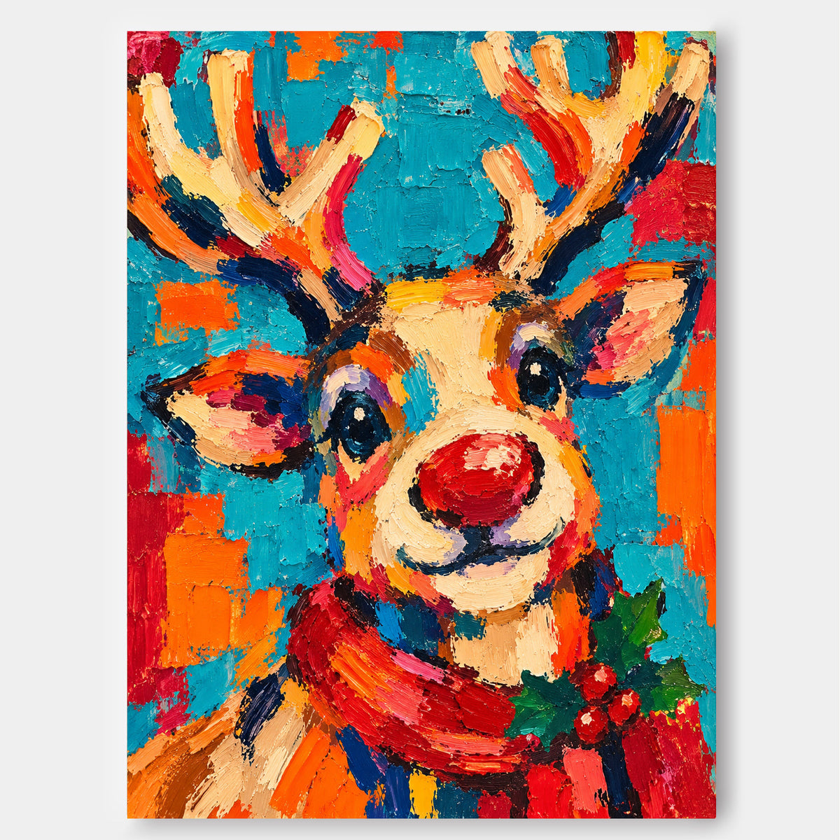 Hand-Painted Reindeer Canvas Art With Red Nose And Holiday Scarf Festive Holiday Wall Art For Living Room Modern Colorful Decor