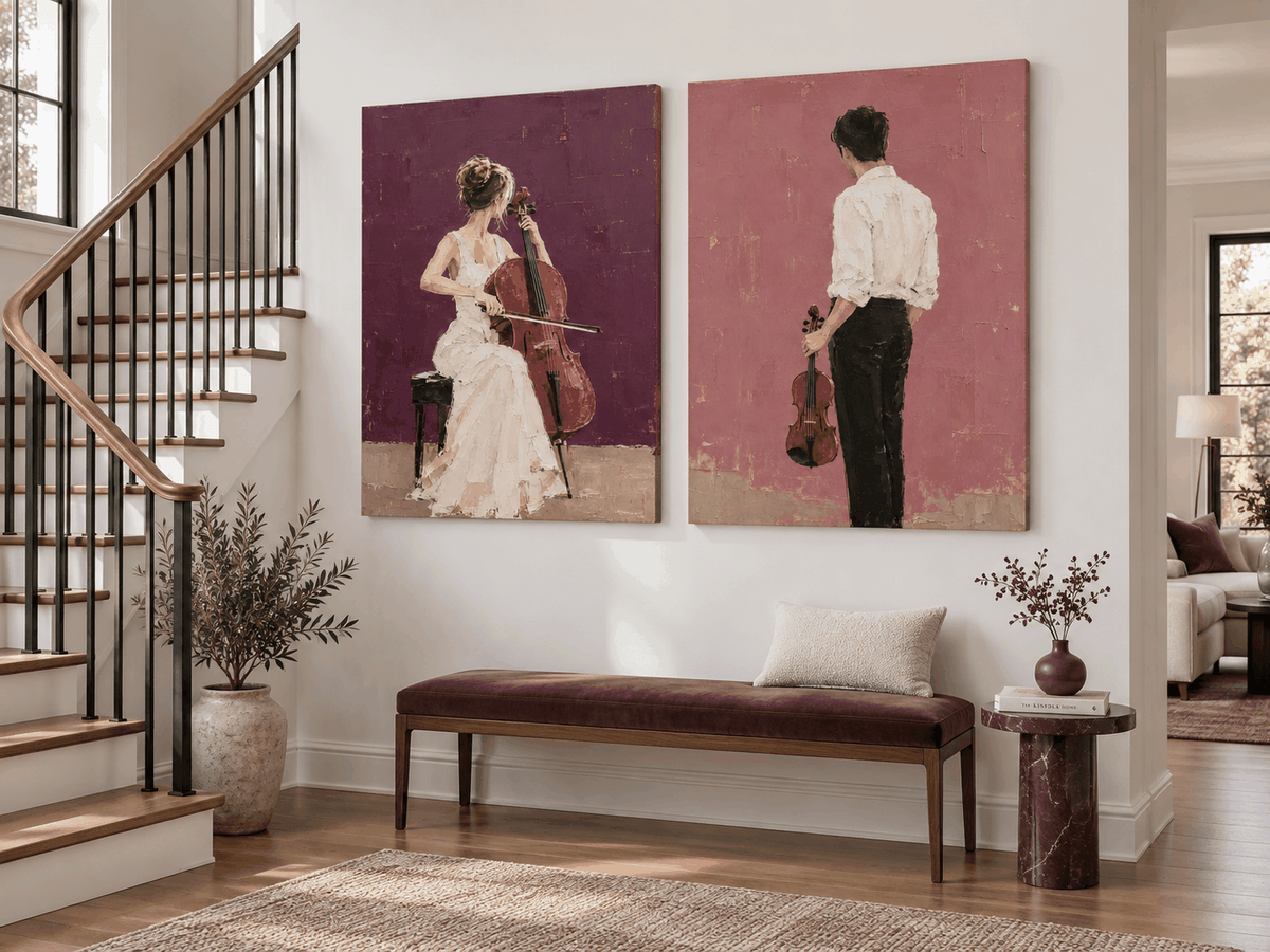 Hand-Painted Music Couple Art With Cello And Violin On Canvas