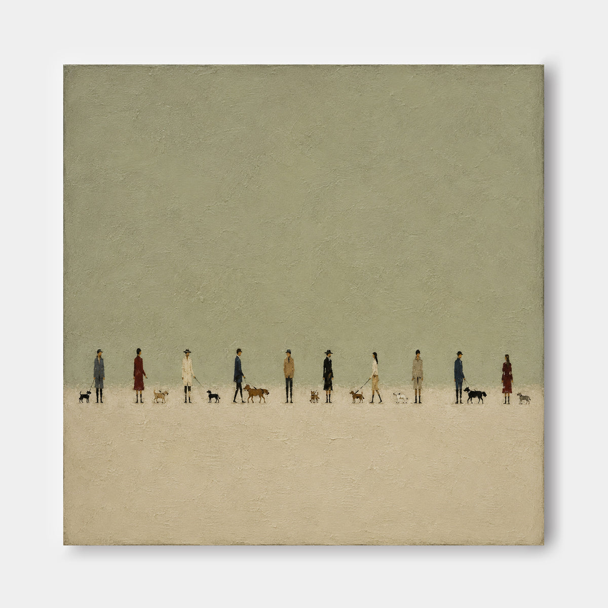 Textured Abstract Figure Painting With Urban Dog Walking Theme