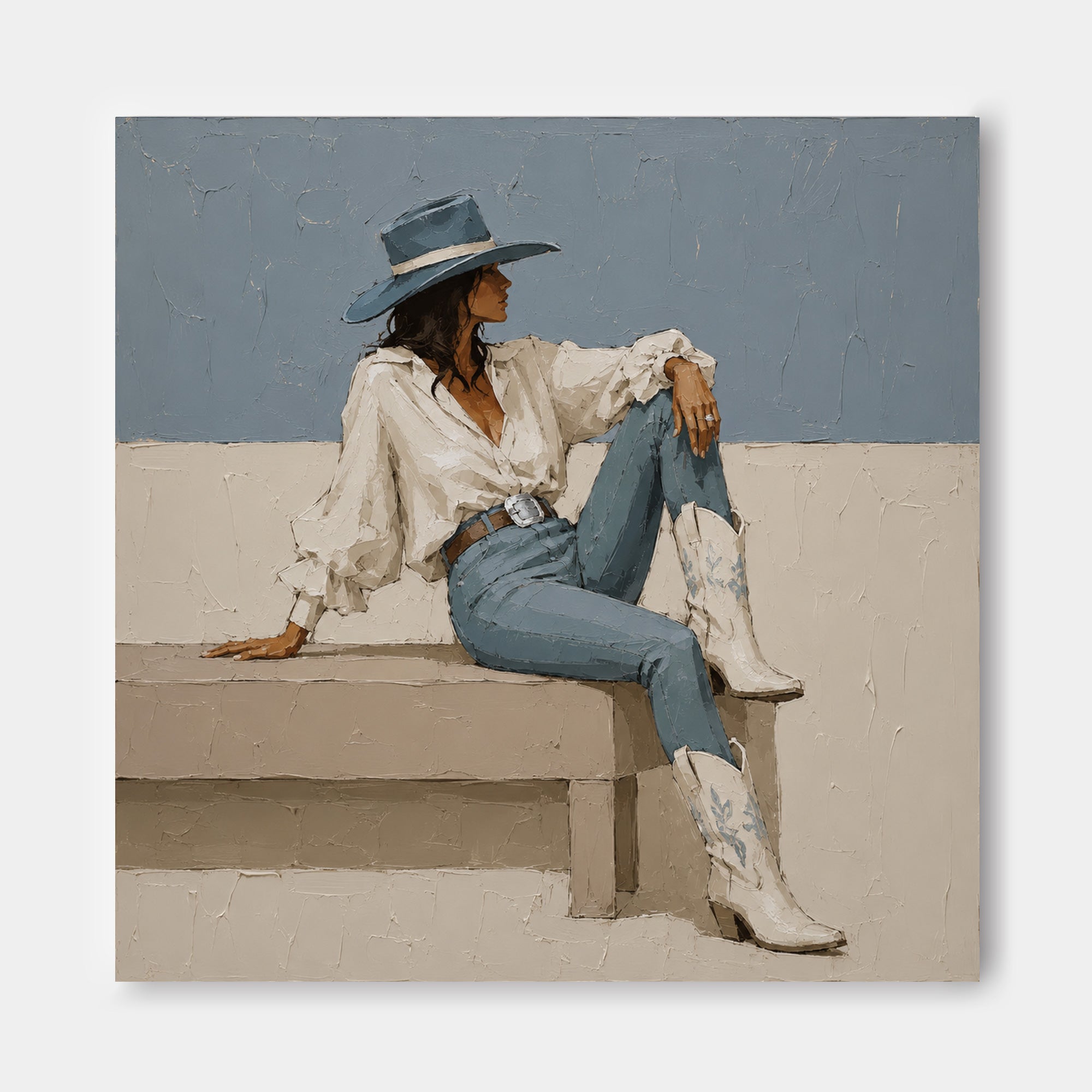 Textured Square Canvas Art Featuring Woman In Cowboy Hat And Boots