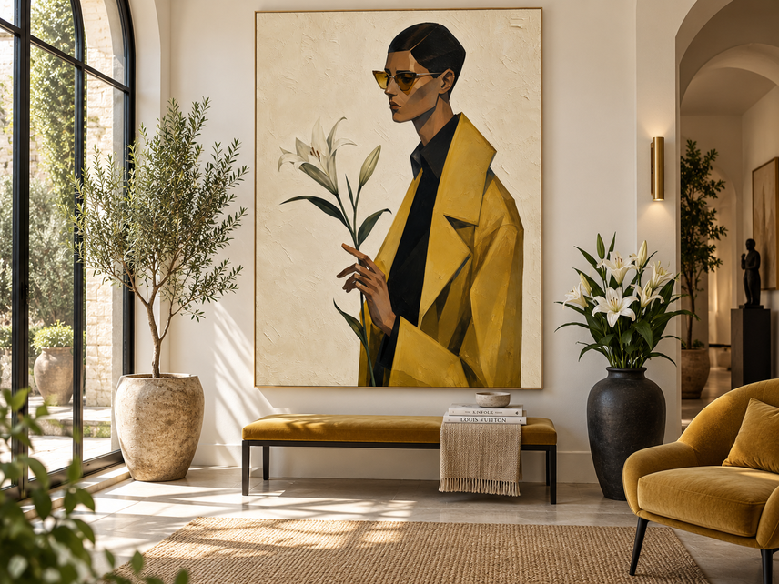 Vintage Geometric Minimalist Art Painting With Textured Finish And Gold Accents