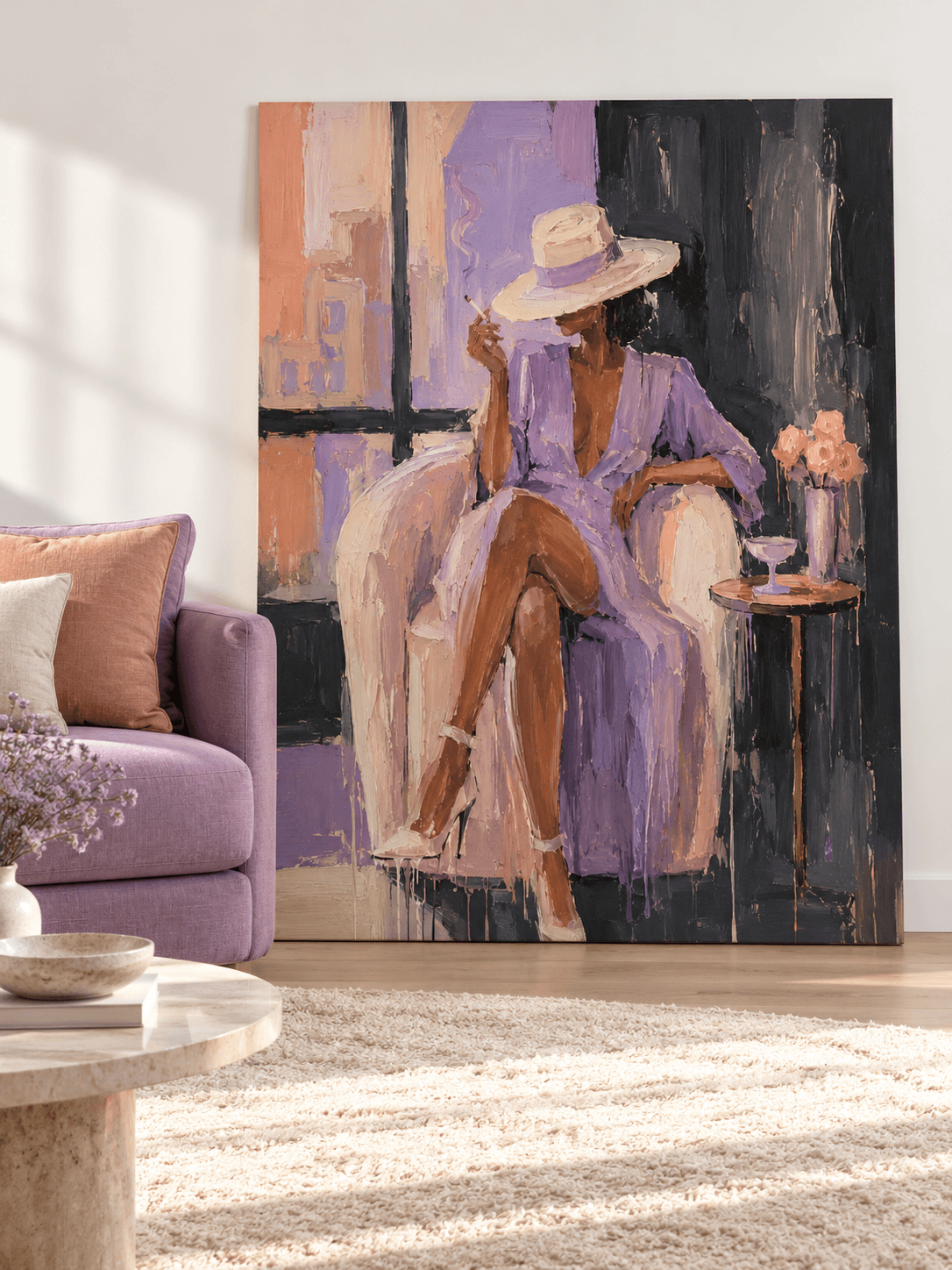 Modern Textured Art With Vintage Fashion Figure In Purple