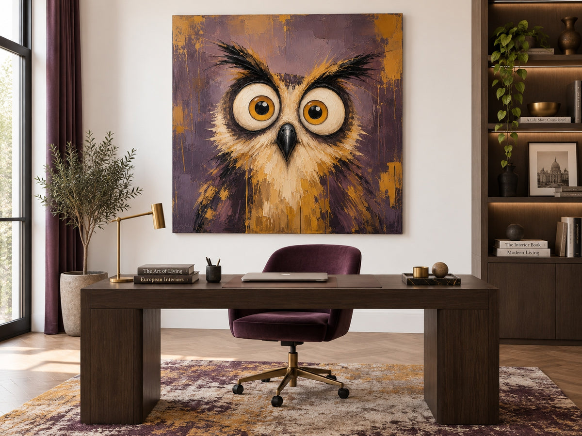 Abstract Pop Art Owl Painting With Textured Brushwork And Humorous Appeal