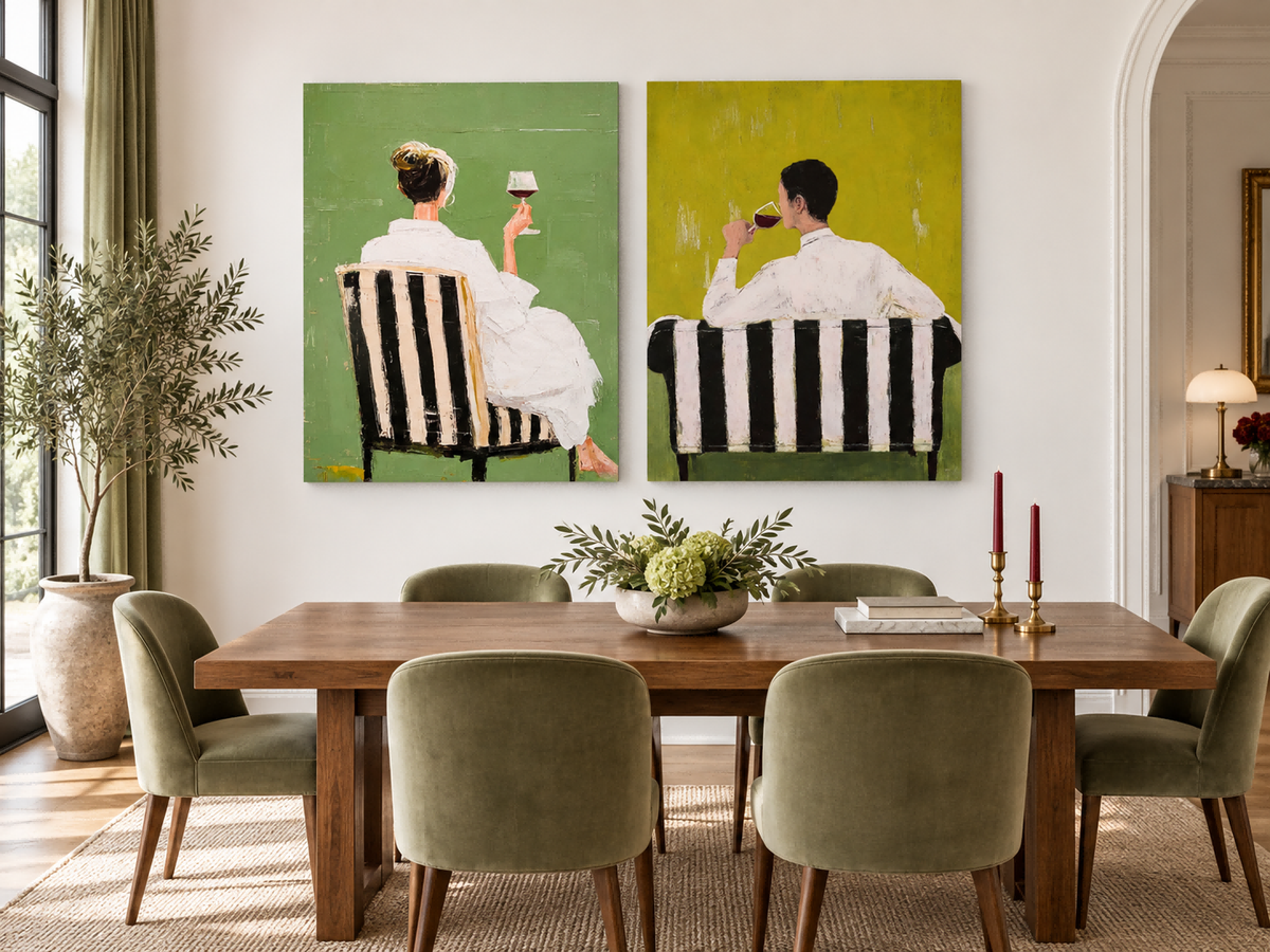 Modern Living Room Wall Art Diptych Of Wine Lovers In Green Tones