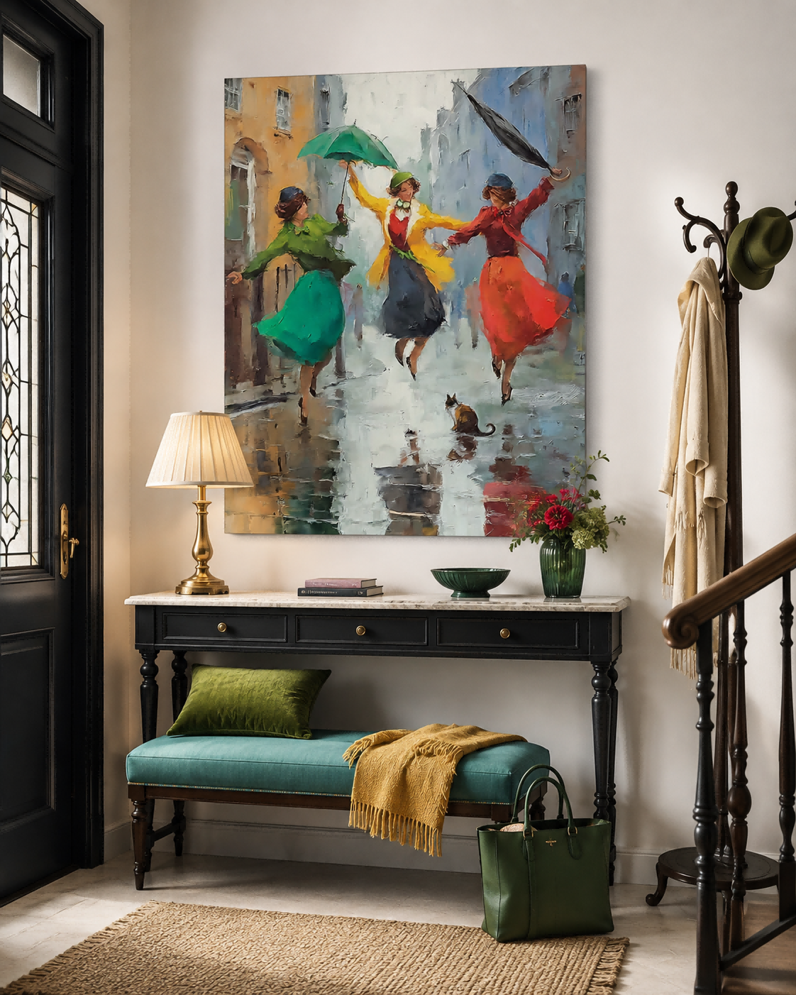 Retro Urban Street Scene Oil Painting With Colorful Umbrellas And Reflections For Chic Apartment Interior Design