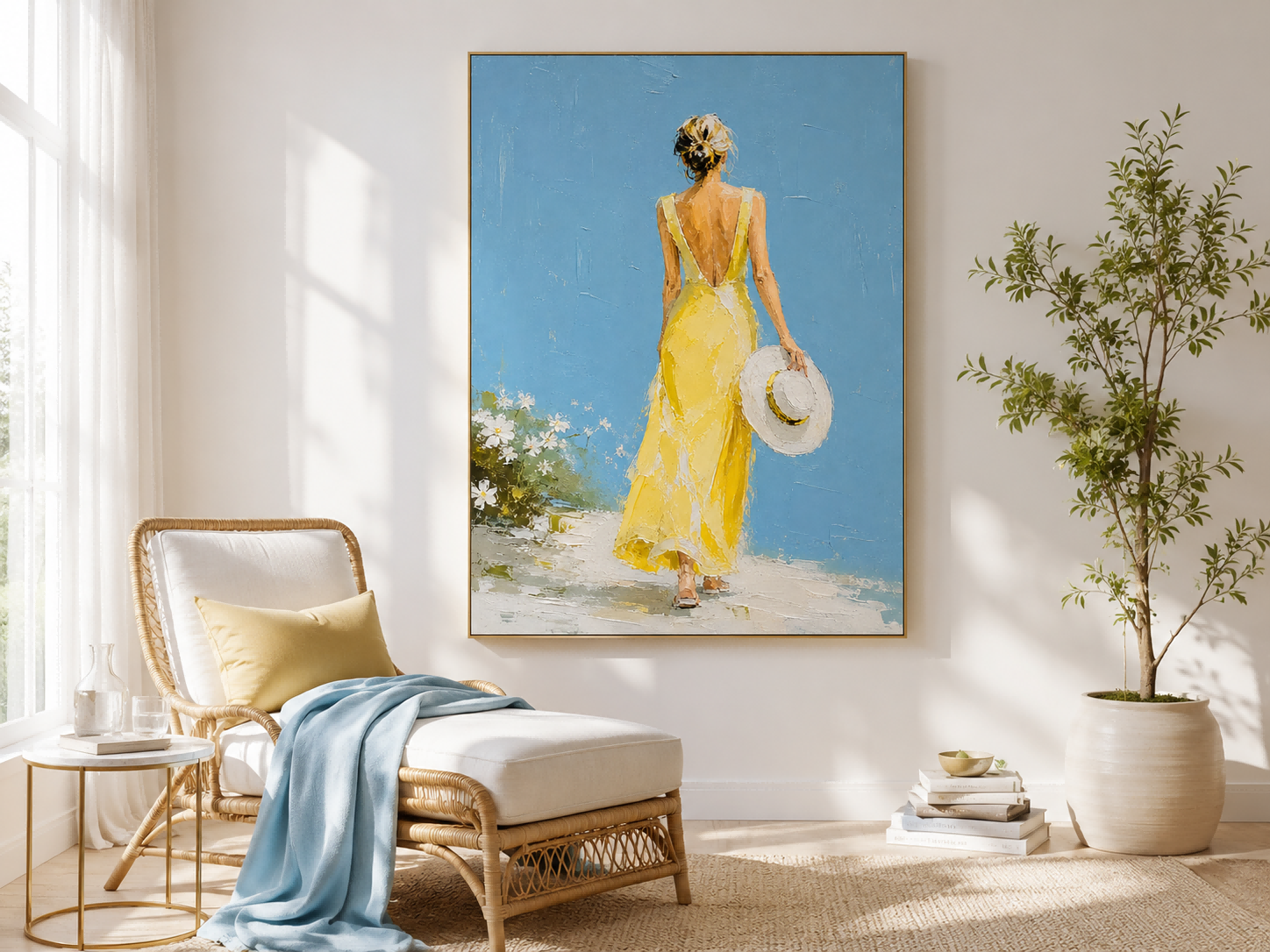 Minimalist Impasto Oil Painting Of Lady Back View With Hat And Flowers Modern Wall Art For Bedroom Or Lounge