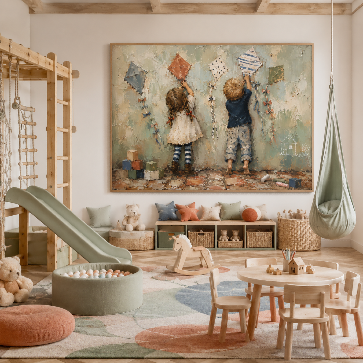Textured Oil Painting Of Children Drawing Kites In Retro Illustrative Style