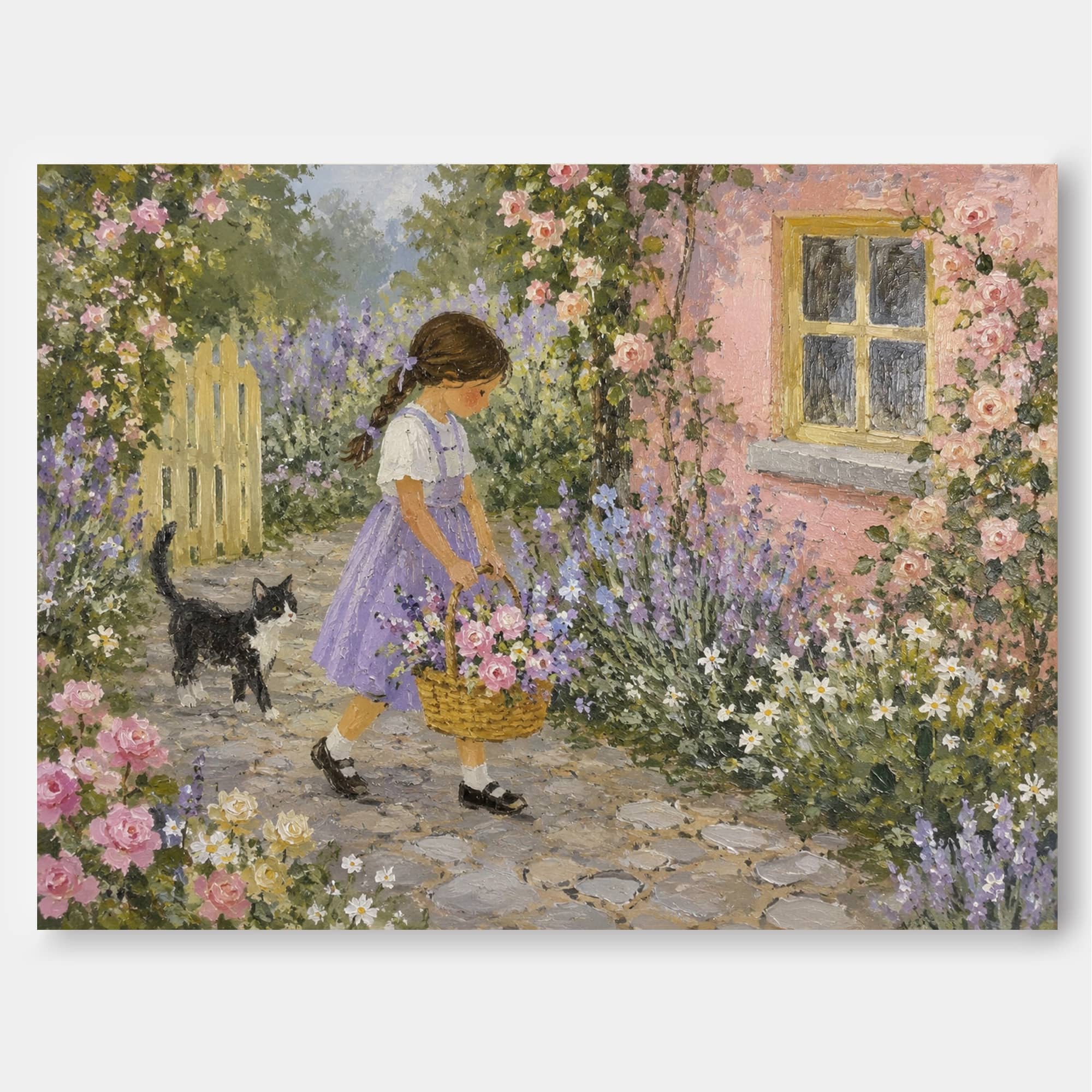 Romantic Impressionist Style Oil Painting Of A Flower Garden Hand-Painted Garden Scene With Girl And Cat Canvas Art