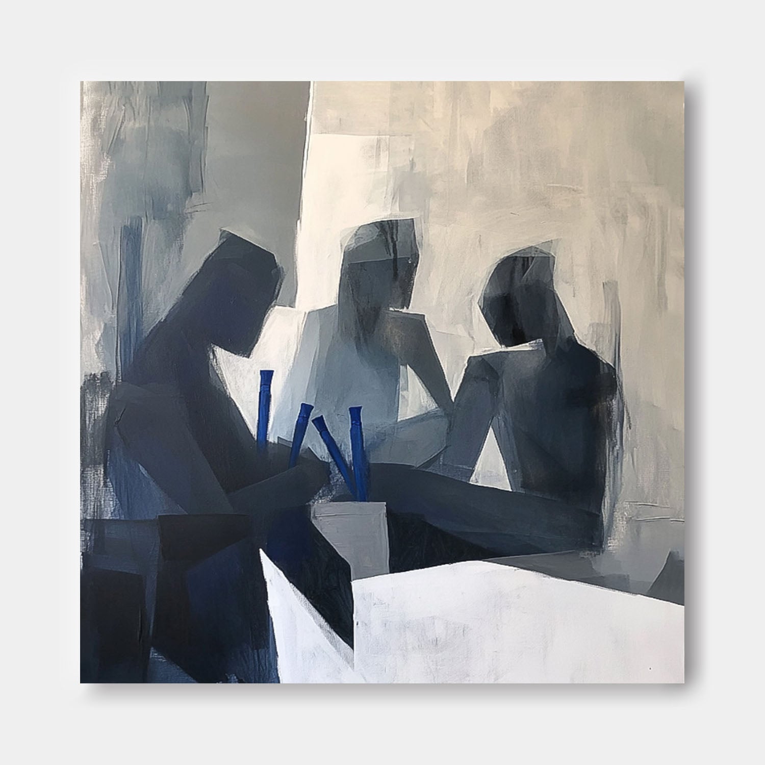 Original Grey Figure Acrylic Painting Canvas Abstract Wall Art Square Large Portrait Contour Artwork