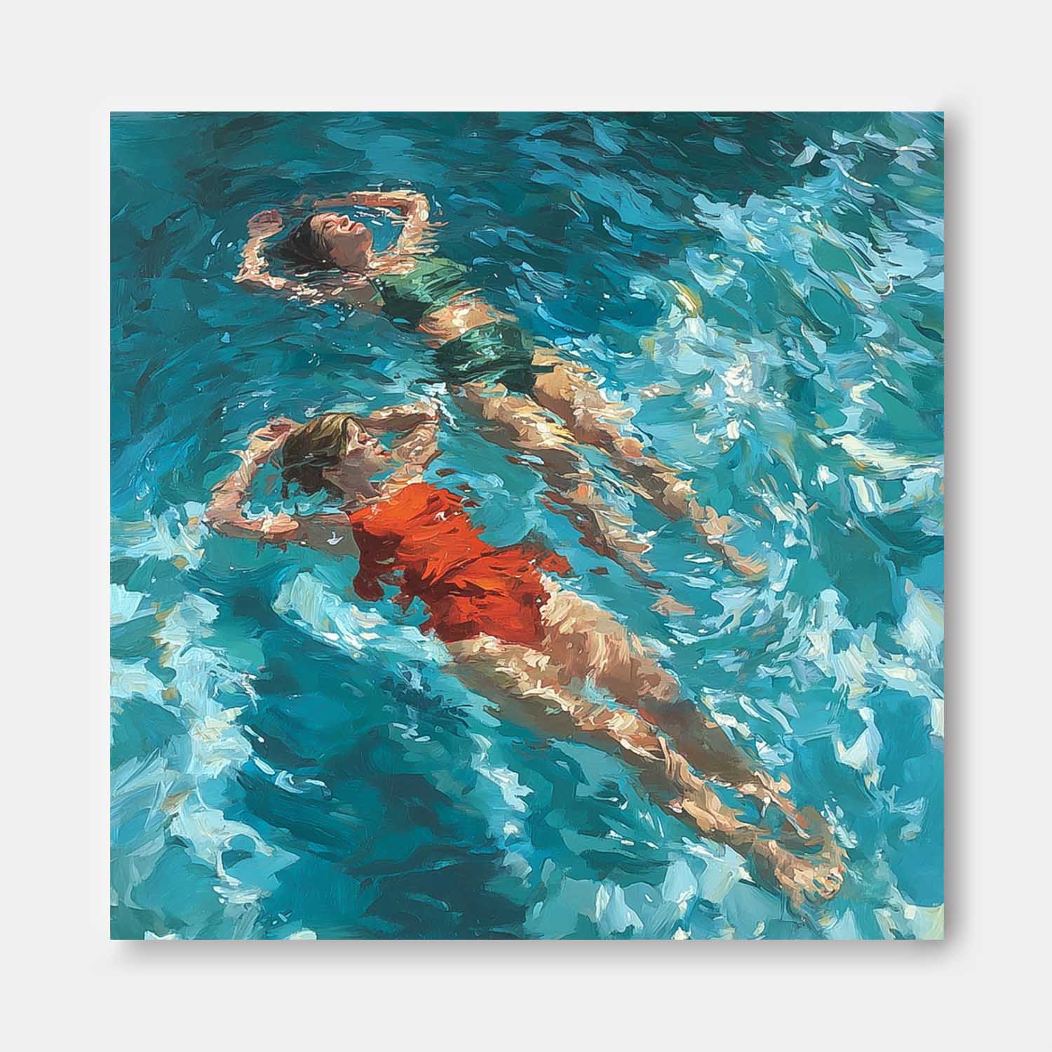 Original Best Friend swimming Wall Art Lady Artwork Square Diving In Ocean Sisters Acrylic Painting