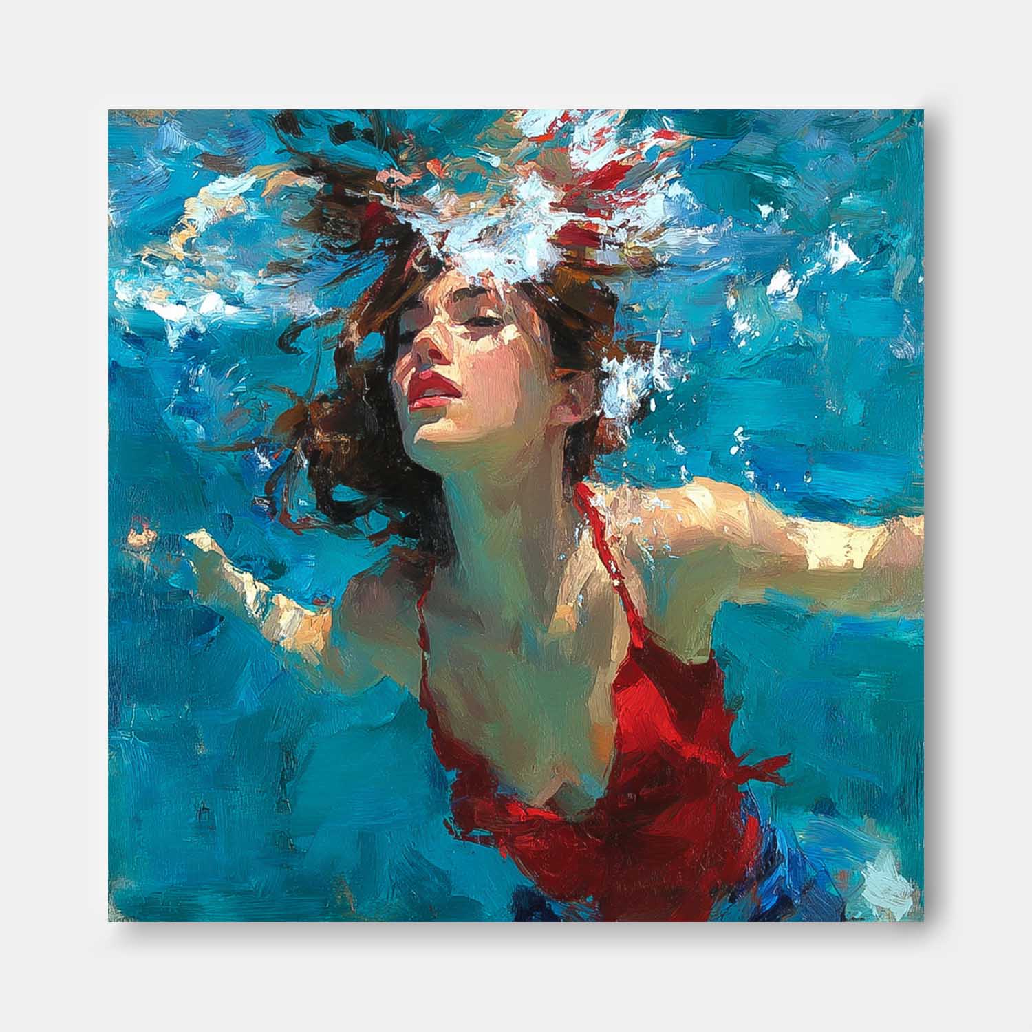 Lady Bright Red clothes Artwork Original Woman swimming Wall Art Square Diving In Ocean Girl Acrylic Painting