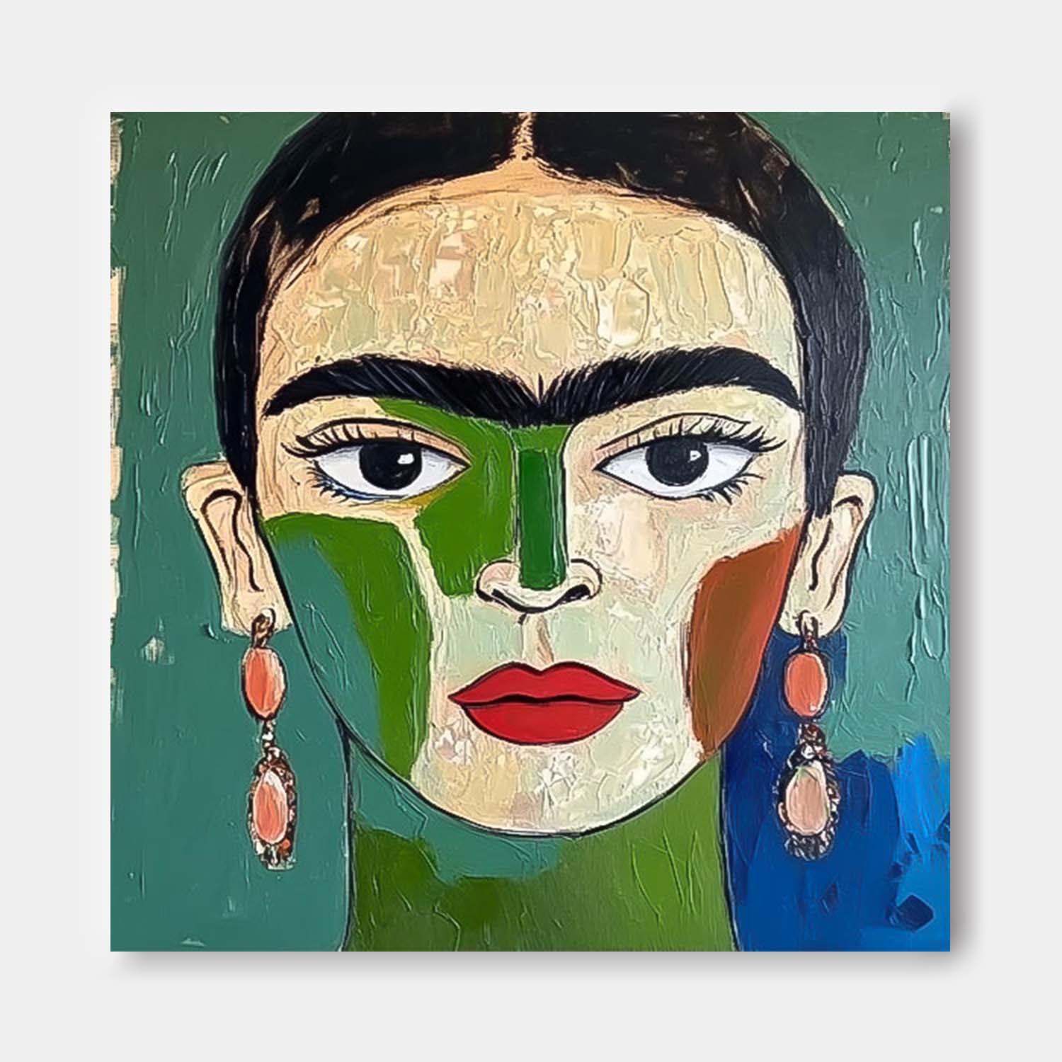 Origina Figure Acrylic Painting Canvas Green Face Abstract Wall Art Square Large Portrait Artwork