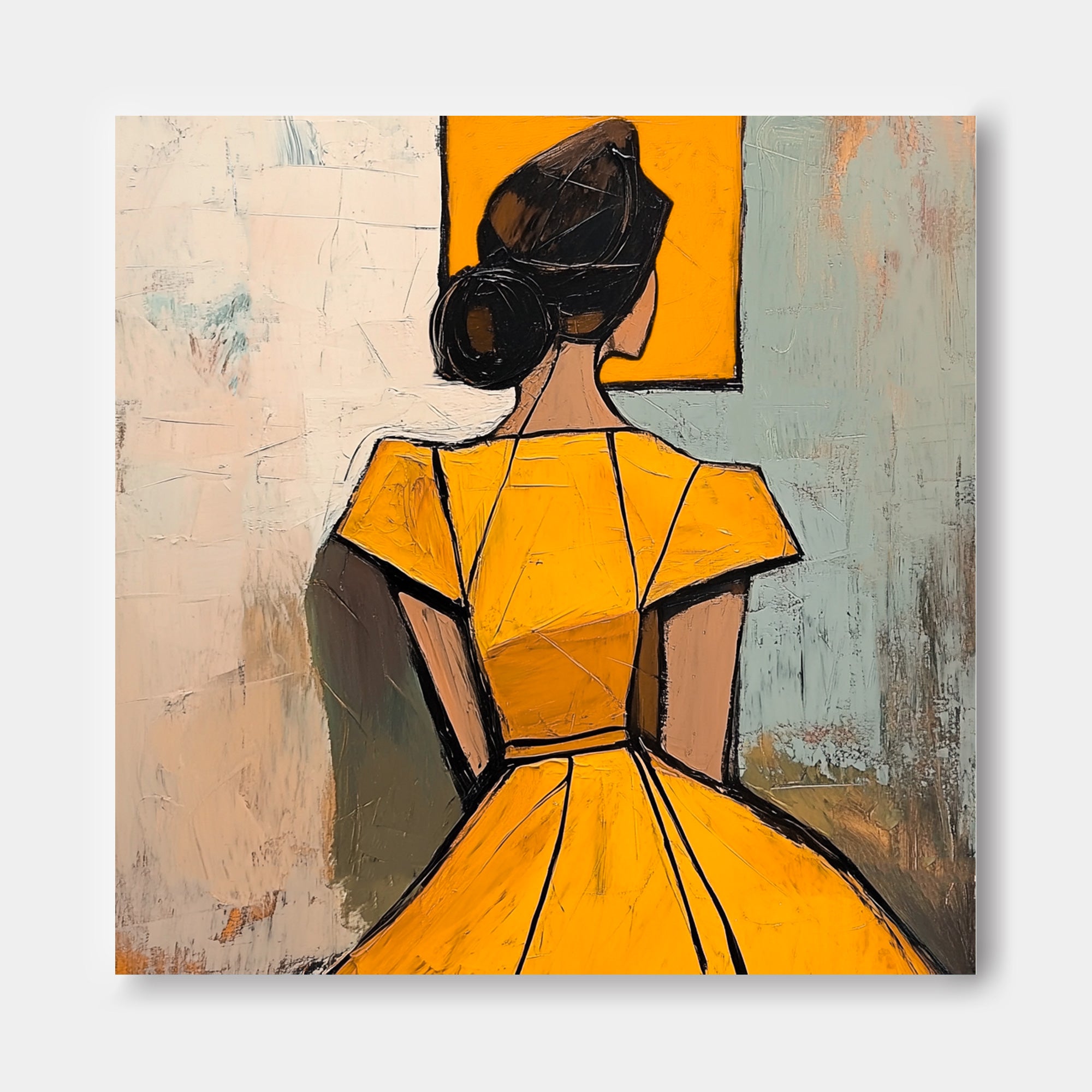 Square Large Girl Portrait Artwork Lady Abstract Wall Art Origina Yellow Dress Acrylic Painting Canvas