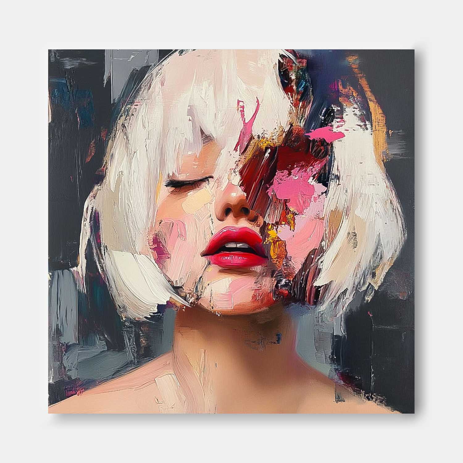 Square Large Short Hair Girl Portrait Artwork Beautiful Lady Abstract Wall Art Origina Acrylic Painting Canvas