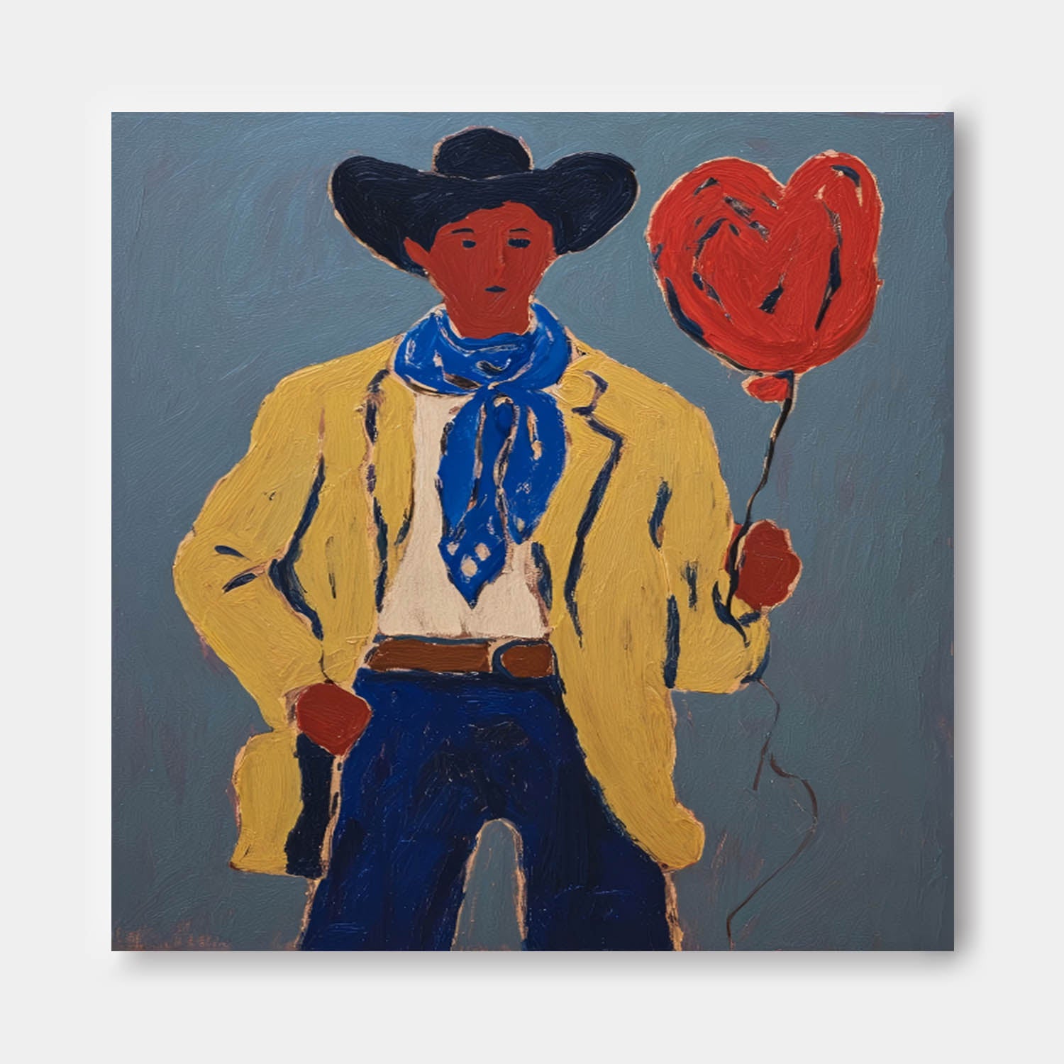 Original Cowboy With Red Heart Balloon Painting Canvas Western Style Wall Art For Home Decor Art Lovers Gift