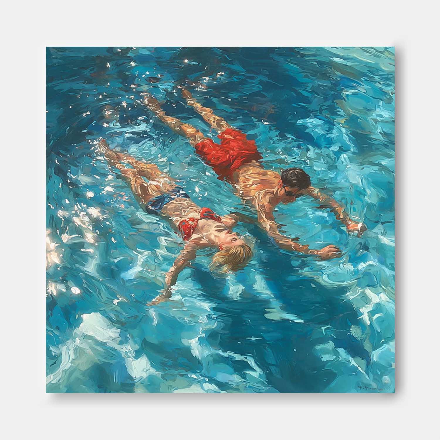 Original Couple swimming Wall Art Lady And Man Artwork Square Diving In Ocean Acrylic Painting
