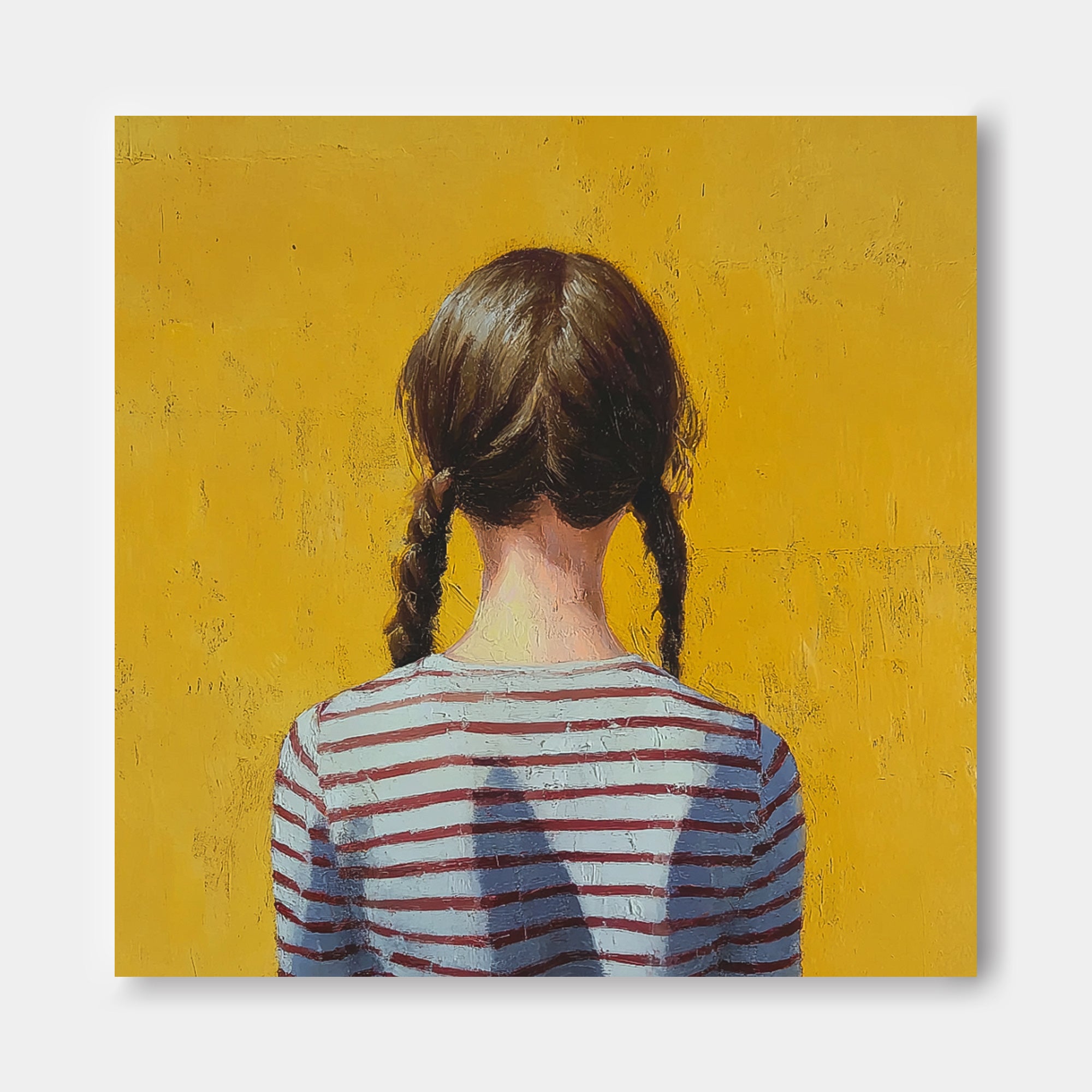 Minimalist Child Back View Painting Original Yellow Wall Art Abstract Twin-Tailed Girl Art For Living Room