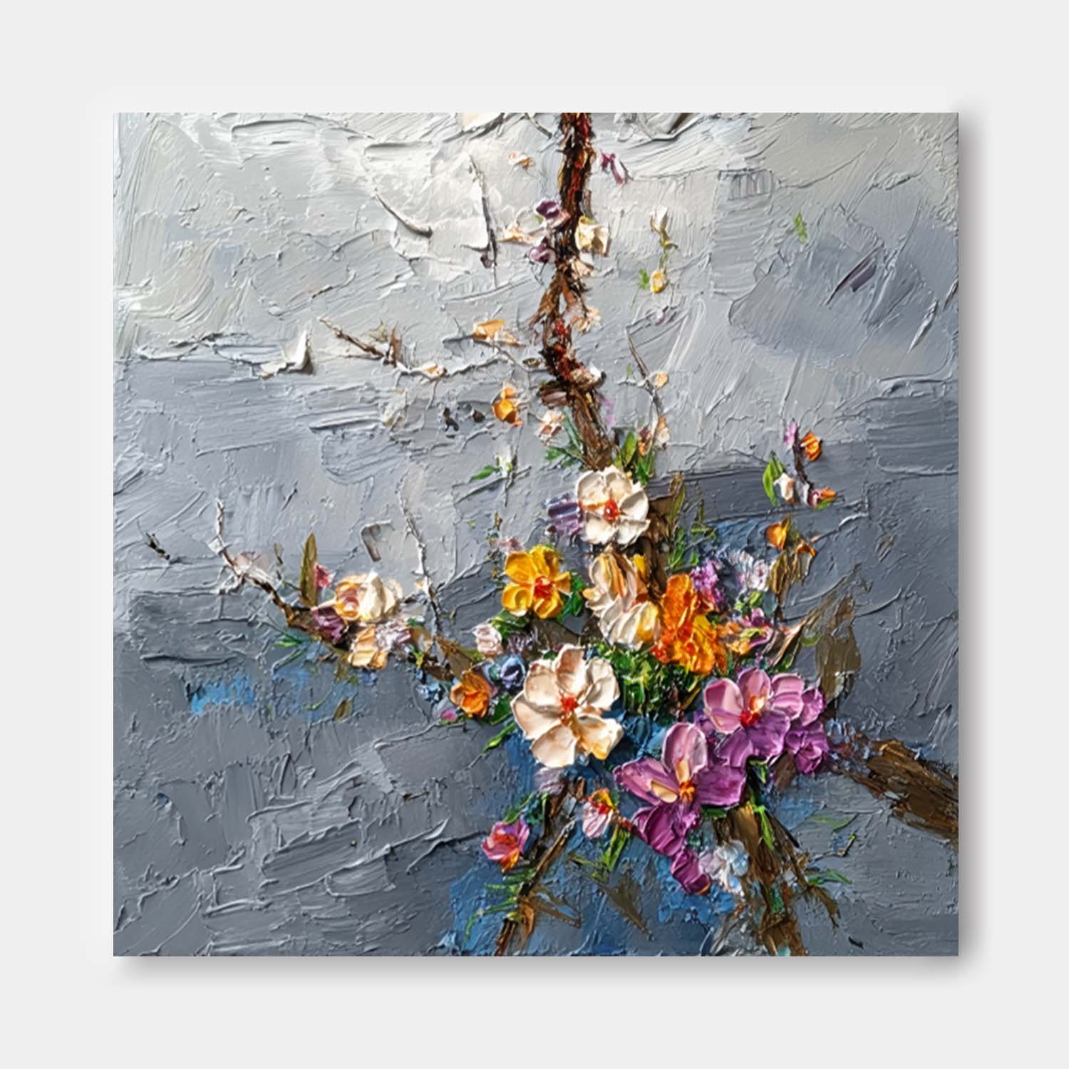 Thick Impasto Abstract Floral Oil Painting Modern Flower Wall Art Handmade Colorful Flower Canvas Home Decor