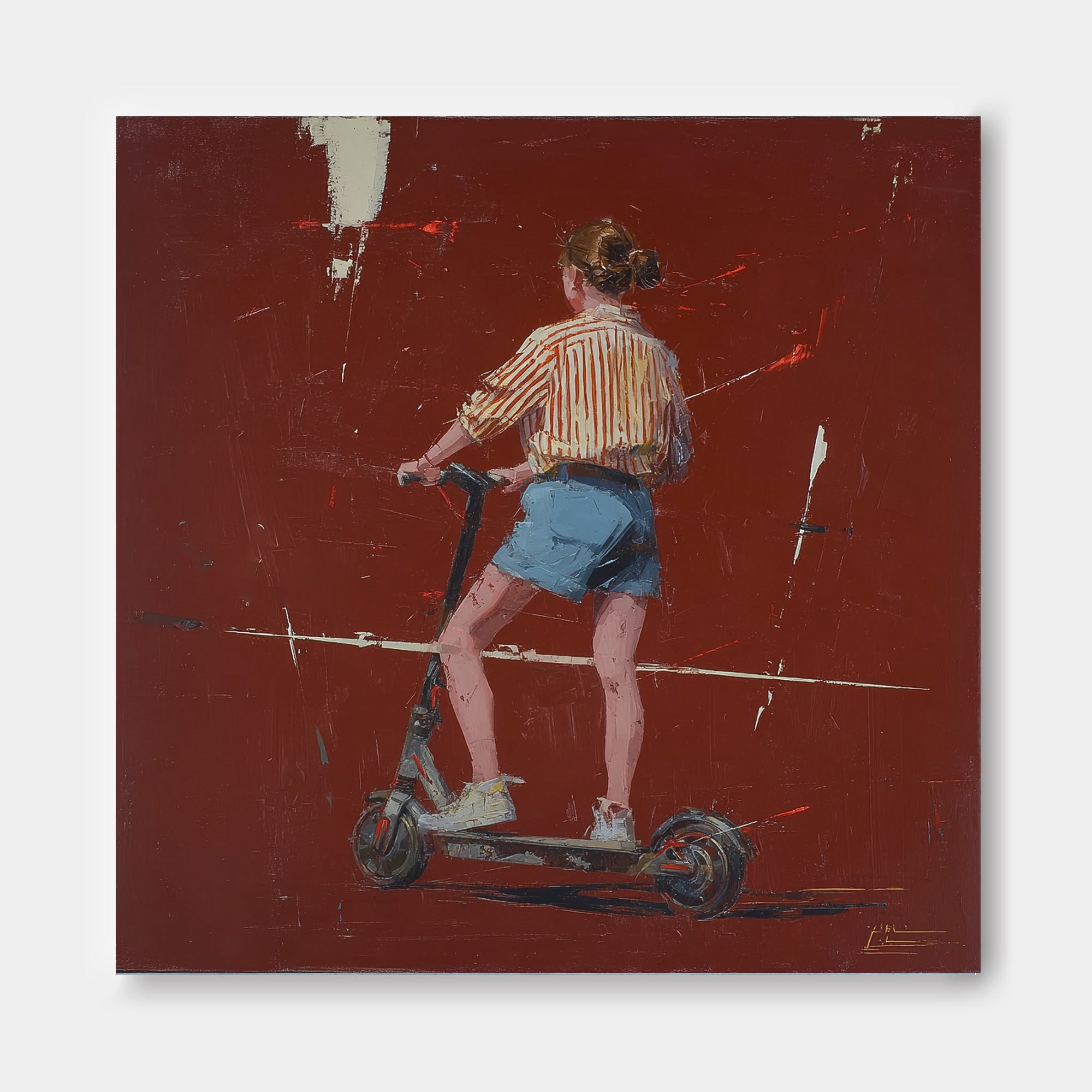 Abstract Fashionable Street Style Original Red Wall Art Minimalist Energetic Girl Riding A Scooter Painting