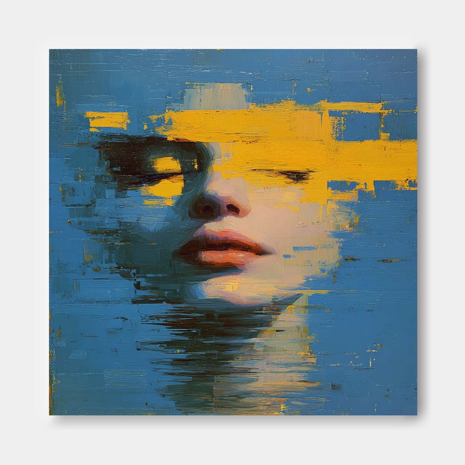 Abstract Face & Ocean Fusion Oil Painting Modern Blue-Yellow Contrast Wall Art Unique Home Decor Artwork