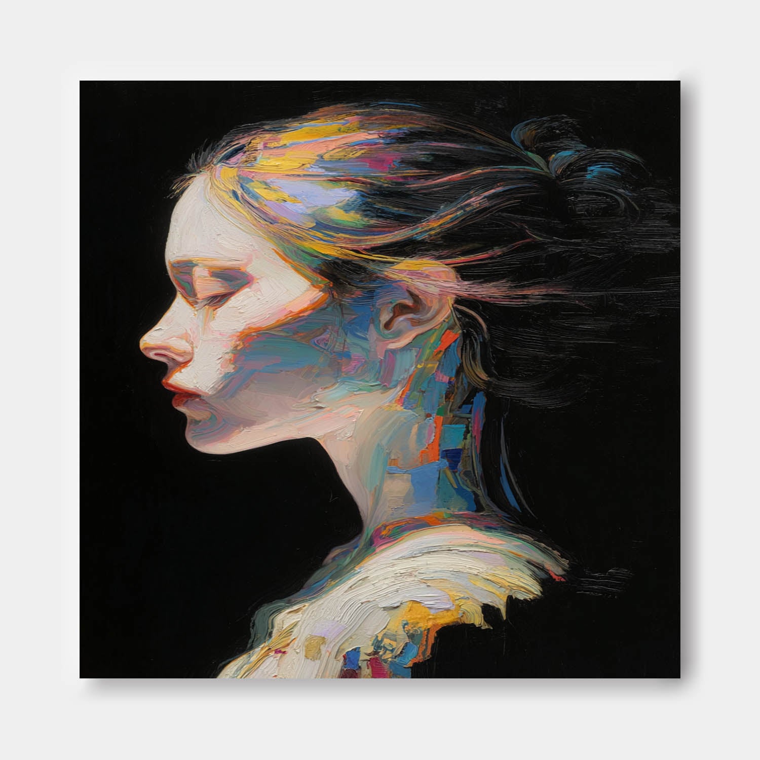 Enchanting Multicolor Abstract Side Profile Portrait Expressive Oil Painting With Flowing Hues Boho Art