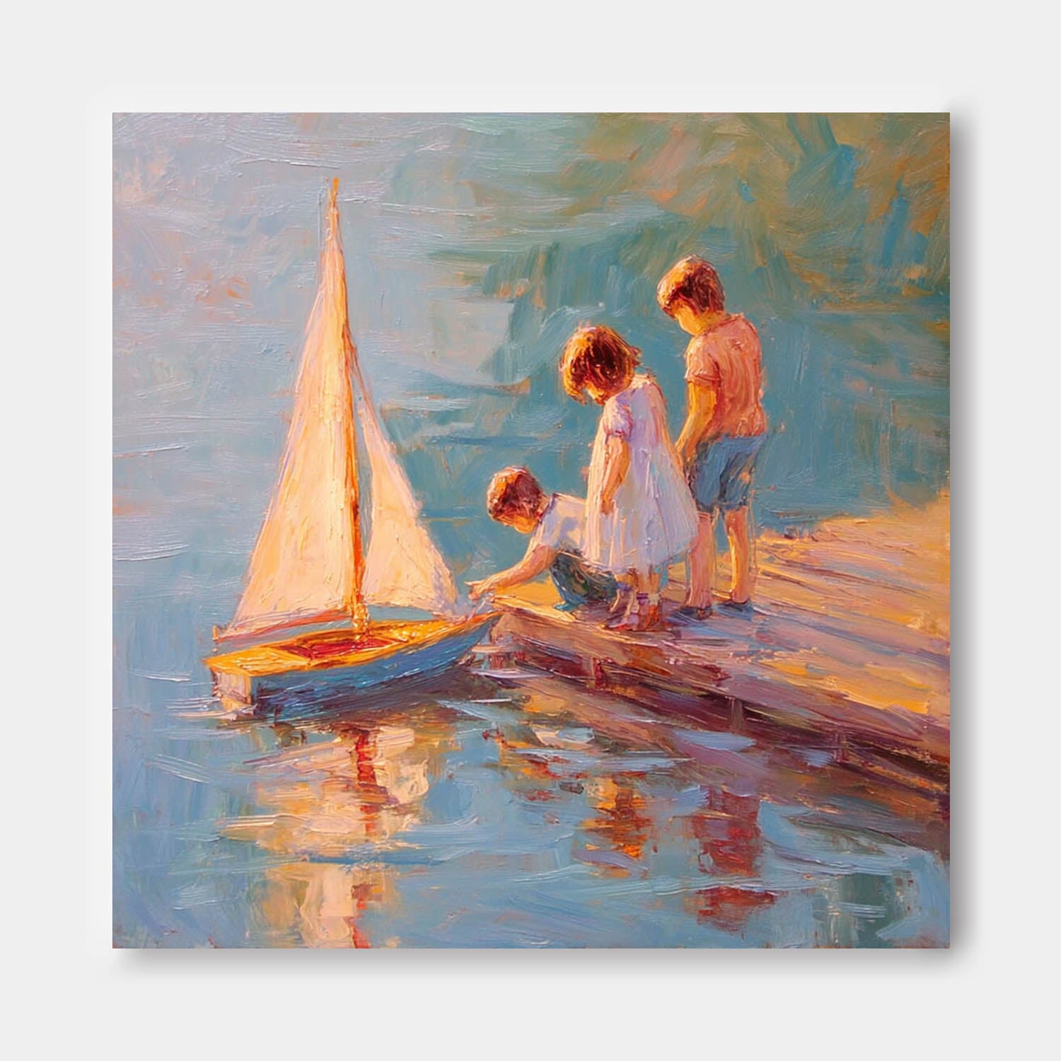 Vintage Childhood Sailboat Art Children By Lake Dock Oil Painting Warm Toned Wall Decor For Living Room