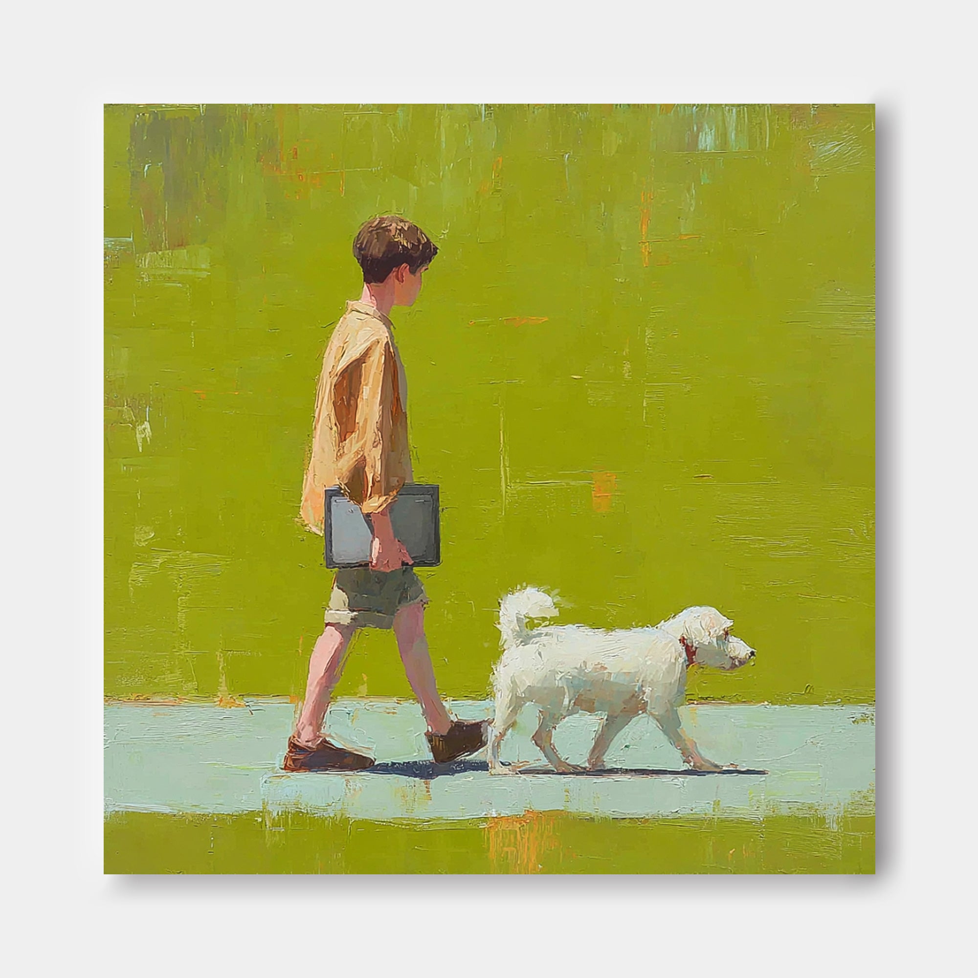 Minimalist Boy Walking The Dog Painting Abstract Peaceful atmosphere Landscape Green Grassland Wall Art