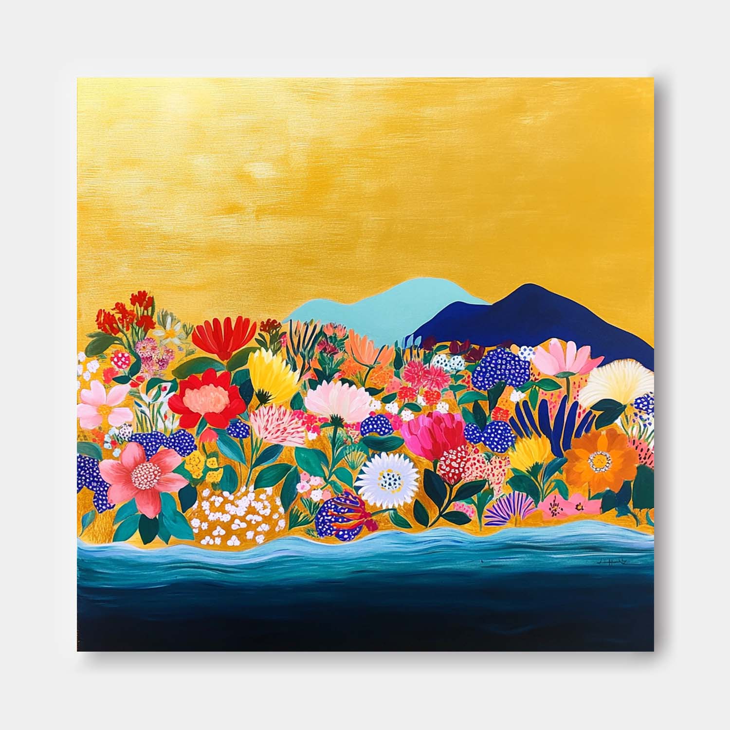 Original Flower Bush Botanical Square Artwork Floral Painting on Canvas Large Illustration style Wall Art