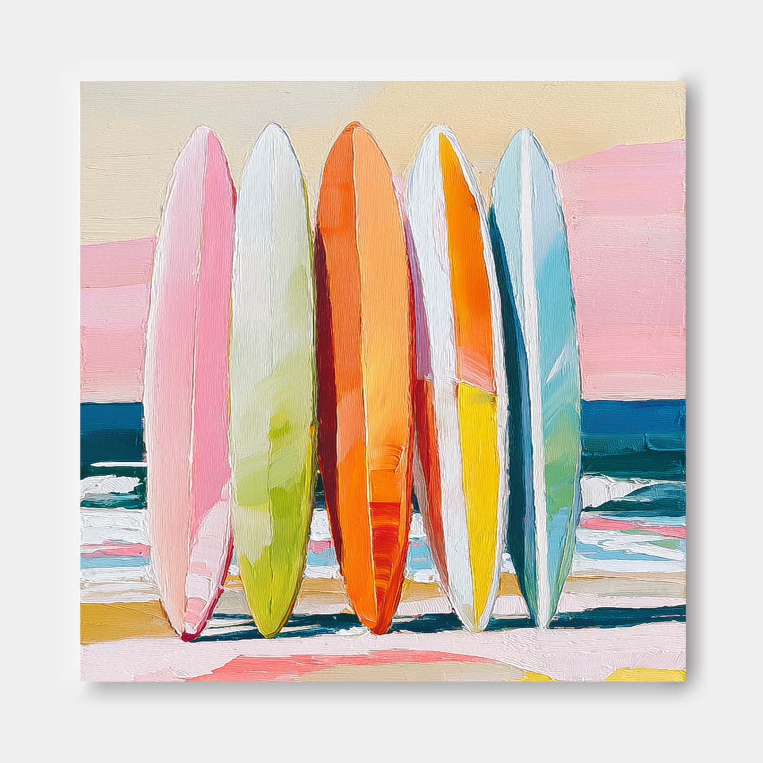 Abstract Beach Surfboard Scenery Oil Painting Framed Seaside Landscape Artwork Large Wall Art Home Decor