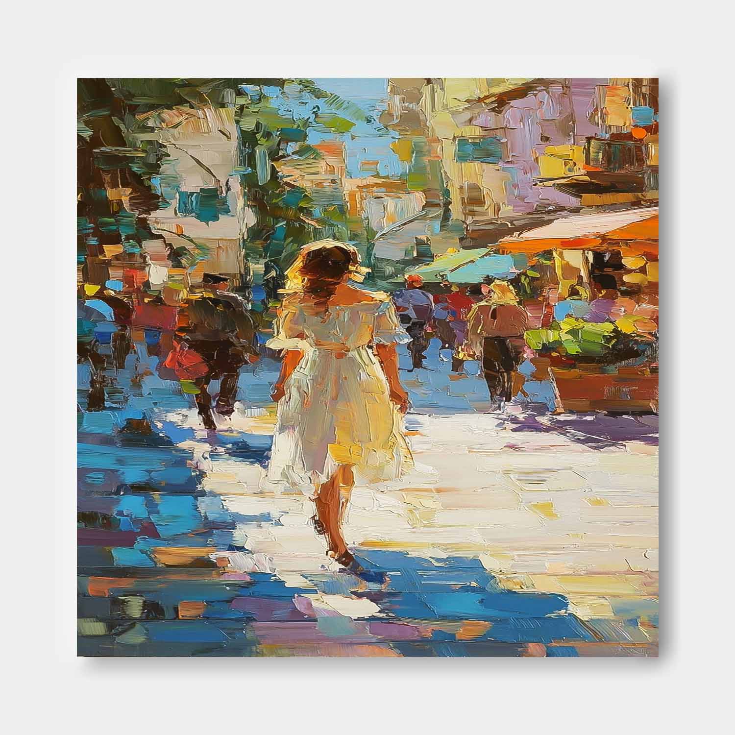 Colorful Impressionist Street Scene Oil Painting Original Artwork City Street Market Scene For Living Room