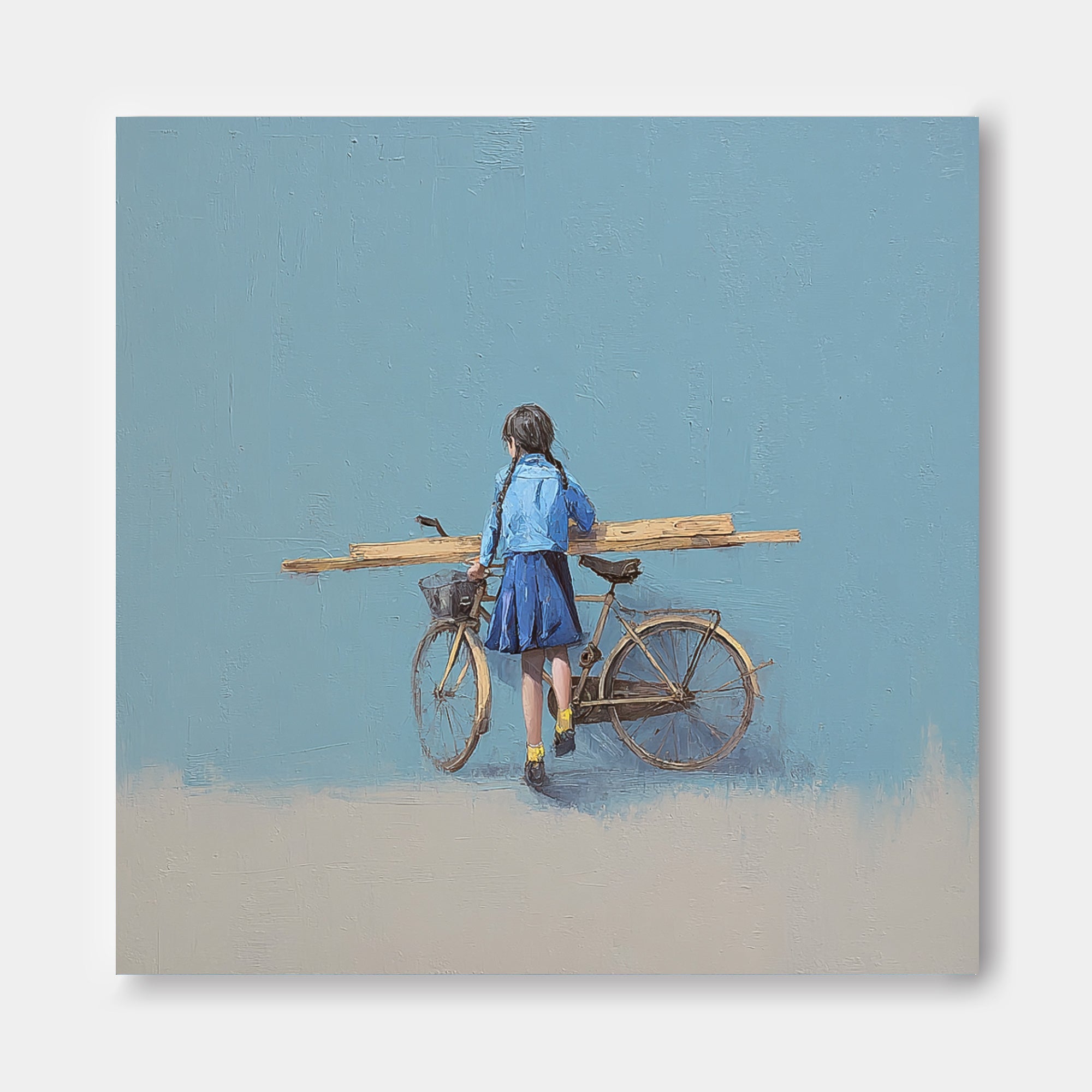Blue Wall Art Minimalist Girl Riding A Bicycle Painting Abstract Warm atmosphere Art For Living Room
