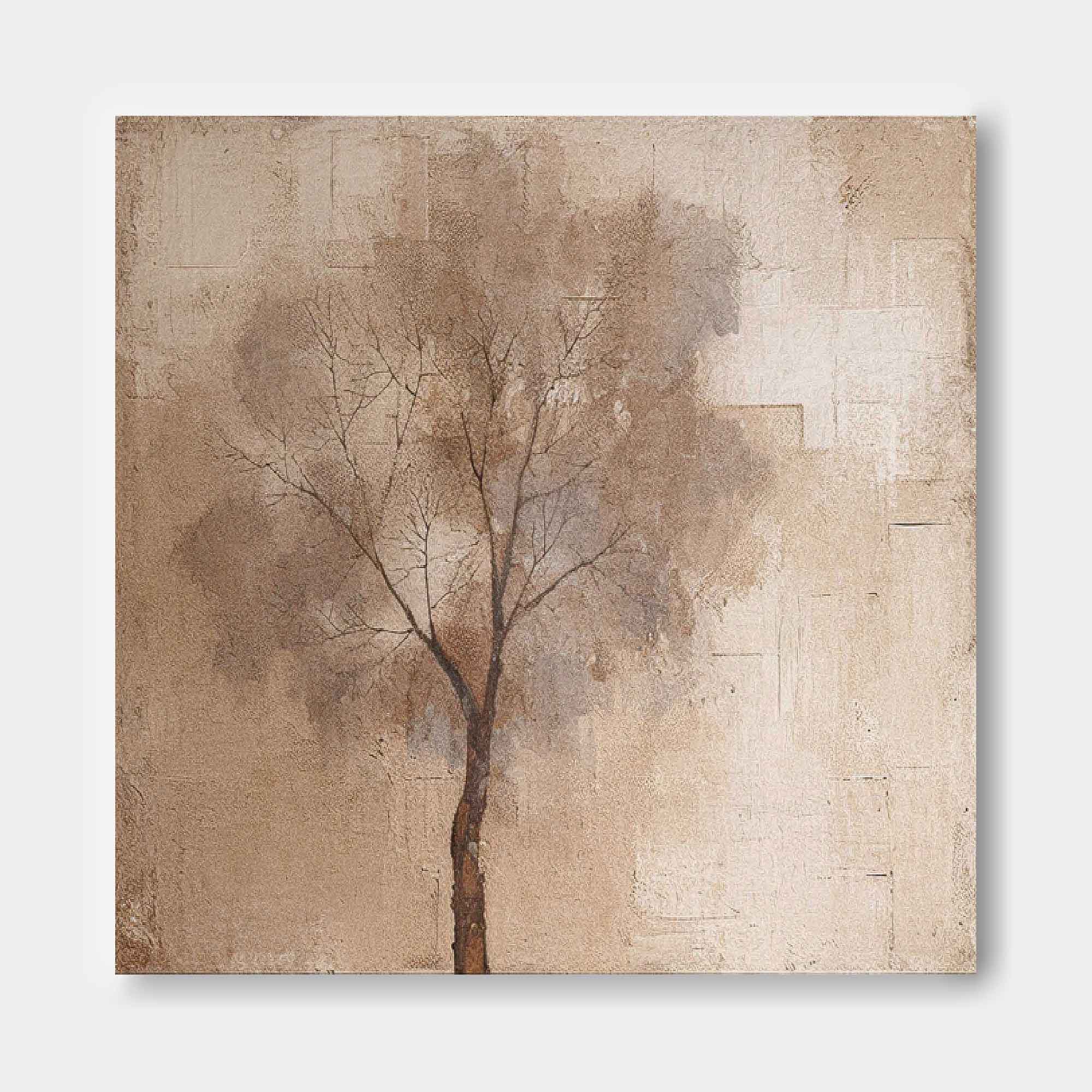 Abstract Ink Tree Art Beige Square Acrylic Painting Canvas Original Painting For Living Room