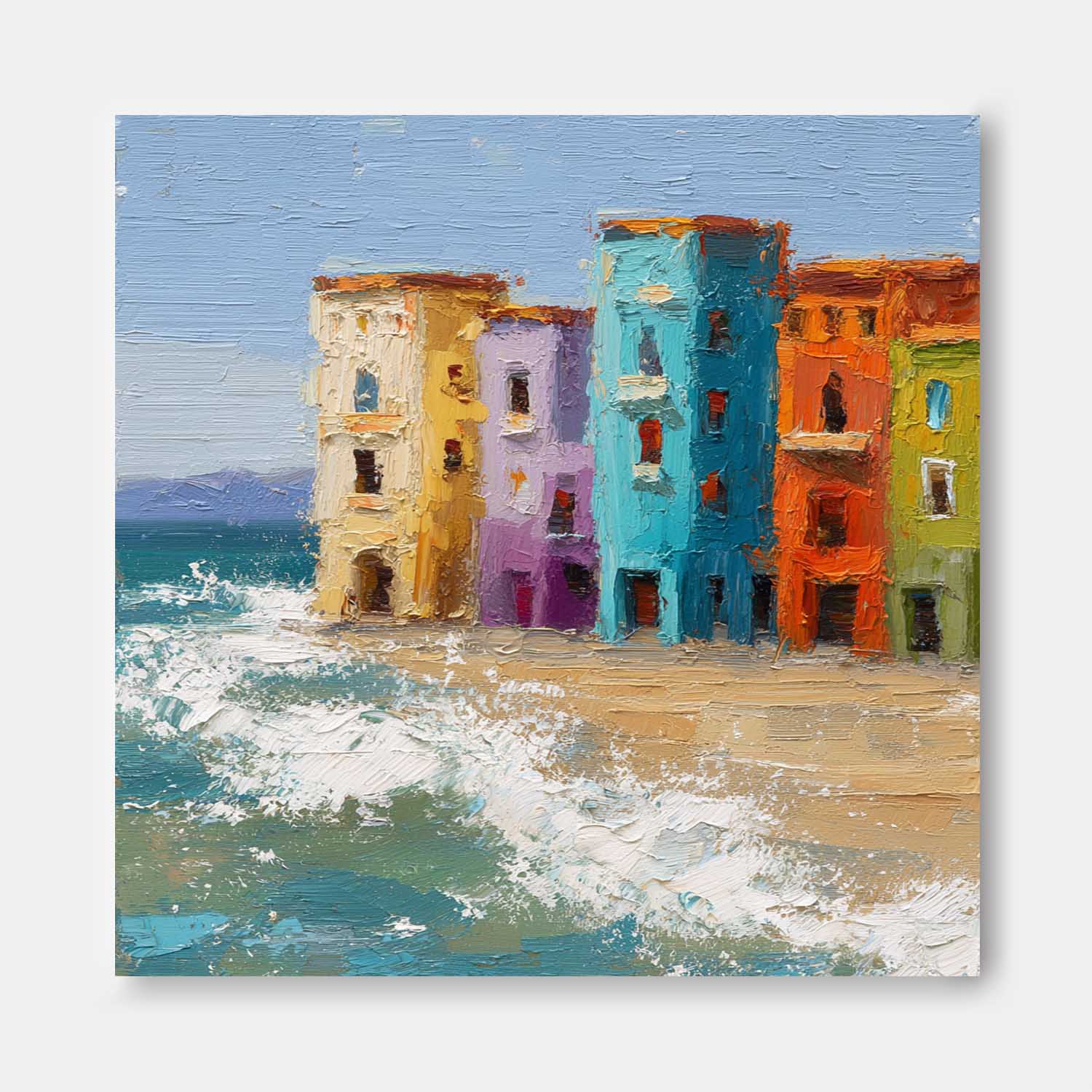Vibrant Colorful Seaside Buildings Painting Coastal Wall Art Decor Mediterranean Style Beach House Aesthetic