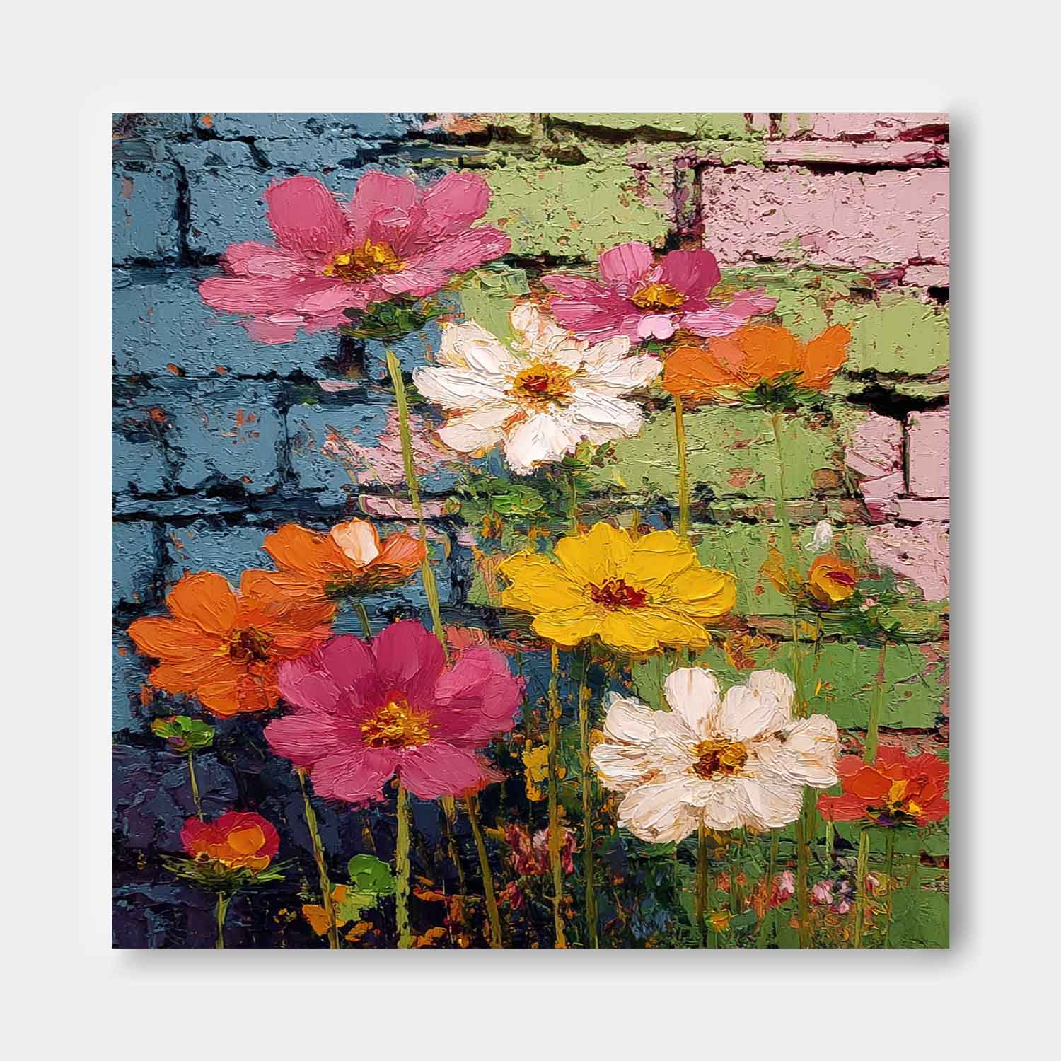 Colorful Flowers Canvas Vibrant Urban Street Art Style Floral Wall Hanging Modern Textured Floral Oil Painting