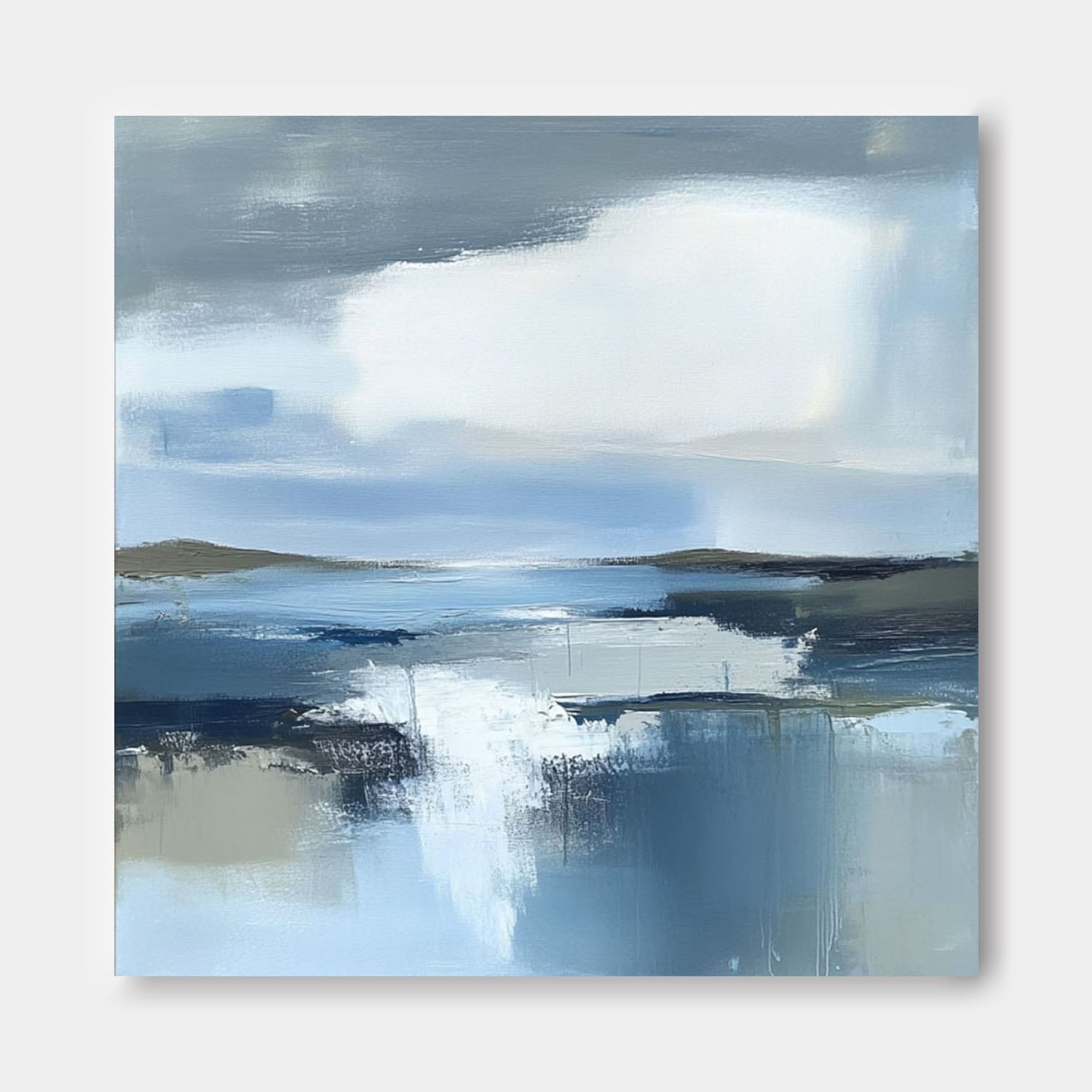 Blue Landscape Artwork Abstract Lake Landscape Oil Painting Large Blue Texture Wall Art Framed Home Decor