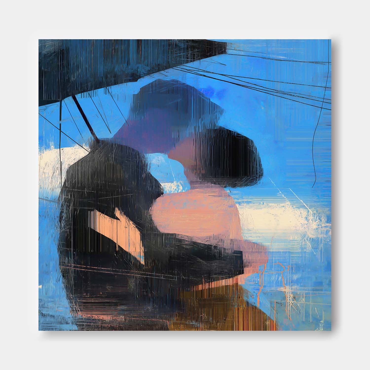 Abstract Oil Painting Couple Kissing Under Umbrella Romantic Wall Art Blue Tone Emotional Figurative Canvas