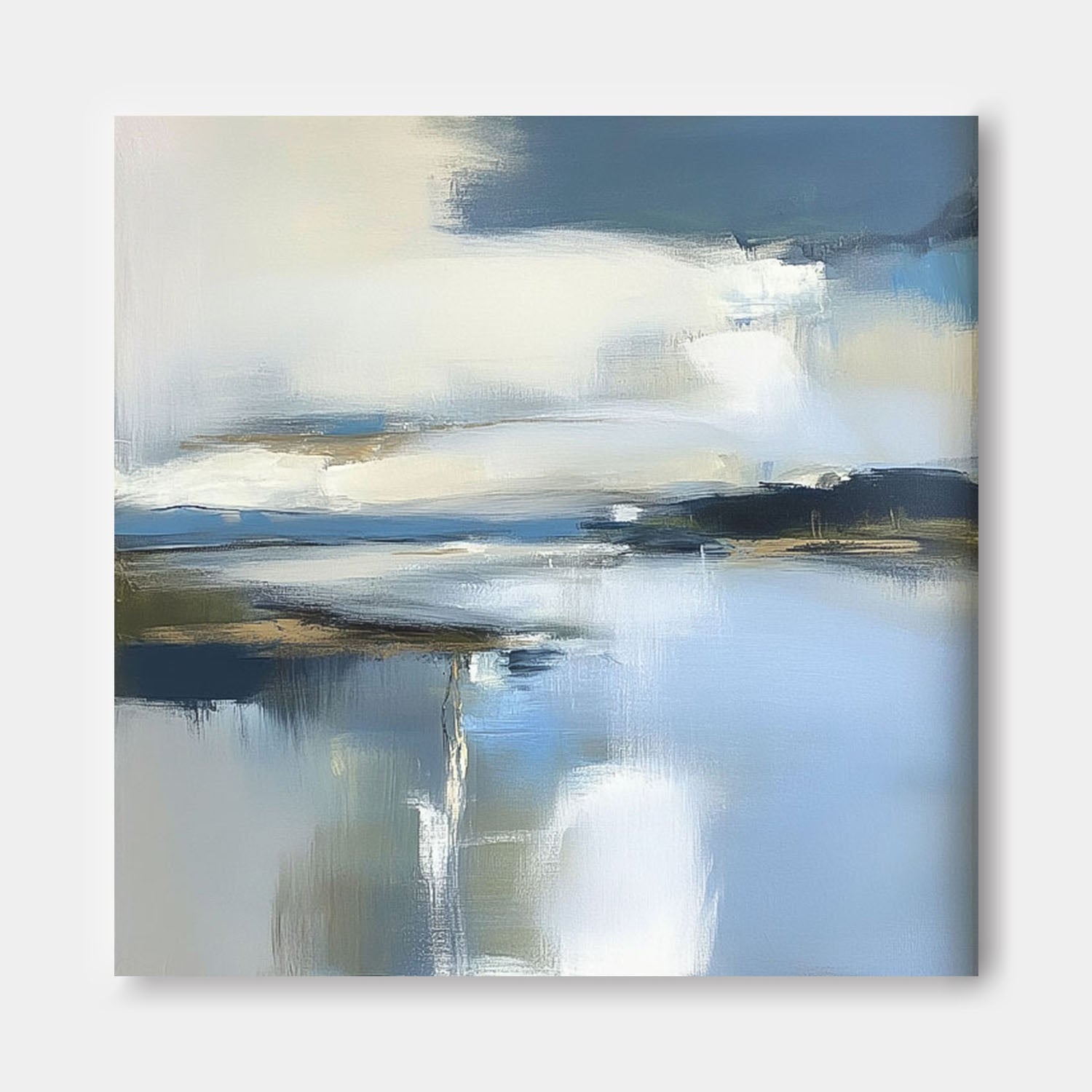 Abstract Lake Landscape Oil Painting Blue Landscape Artwork Large Blue Texture Wall Art Framed Home Decor
