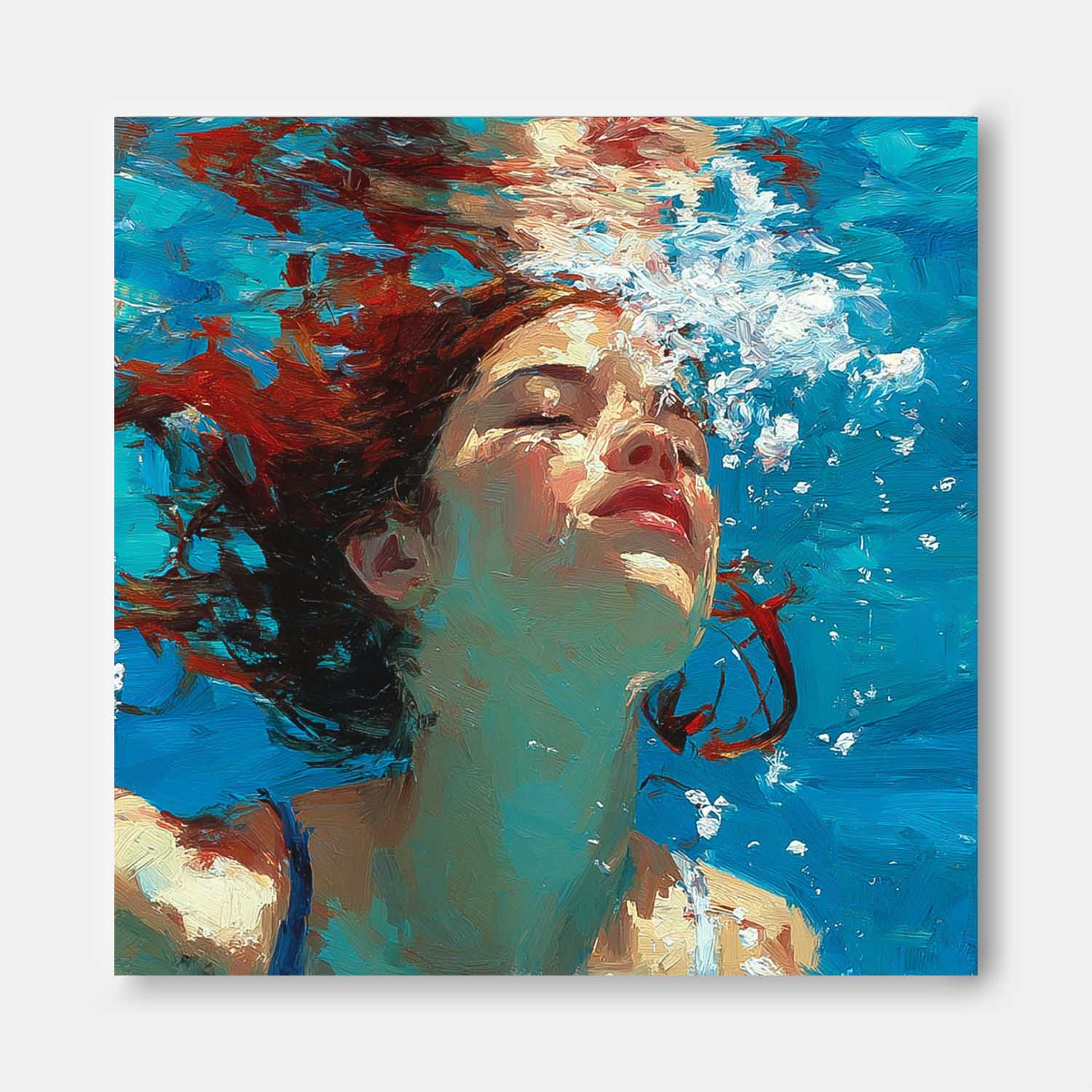 Square Diving In Ocean Girl Acrylic Painting Lady Artwork Original Woman swimming Wall Art For Living Room