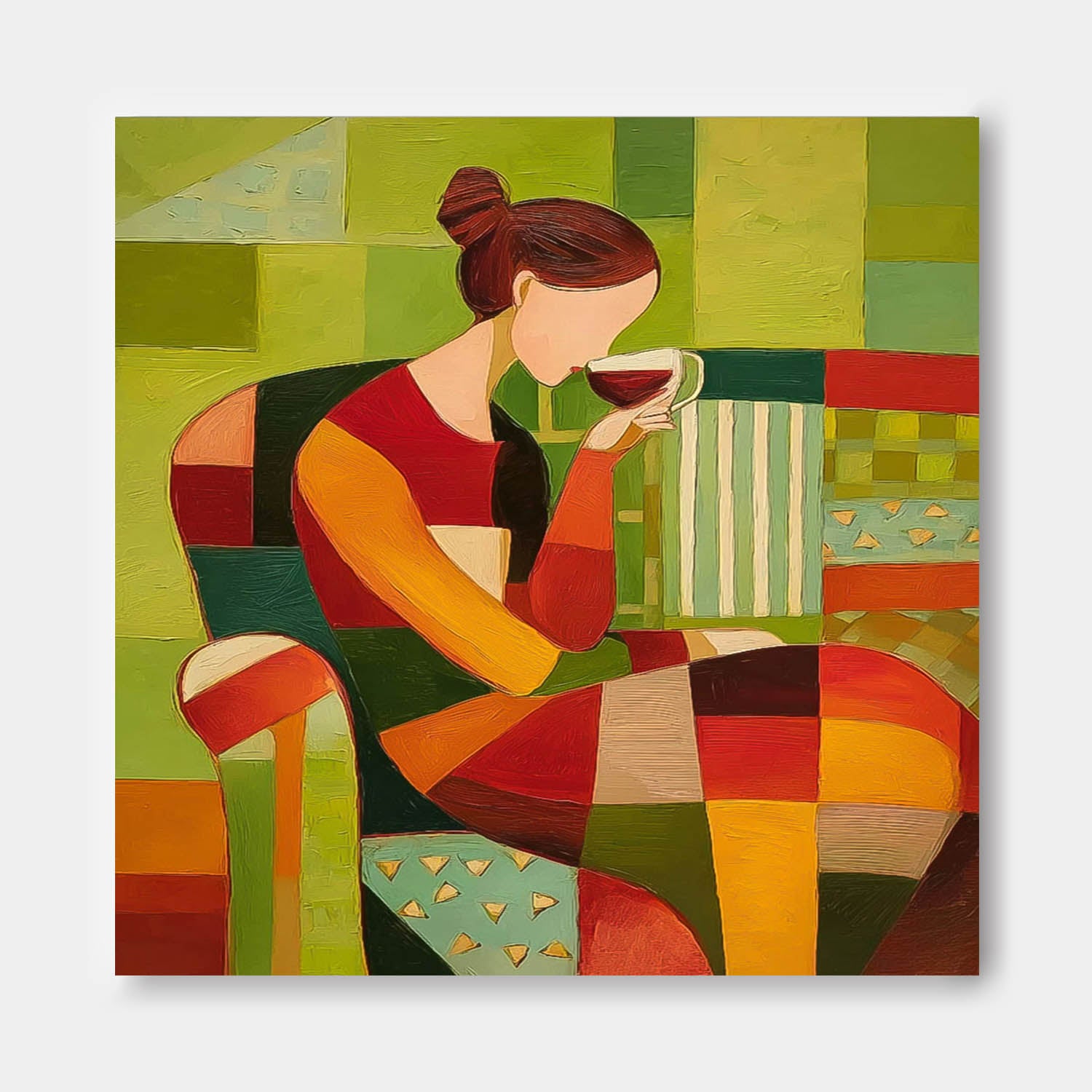 Lady Geometric Color Blocks Oil Painting Canvas Original Elegant Woman Wall Art Abstract Figure Artwork