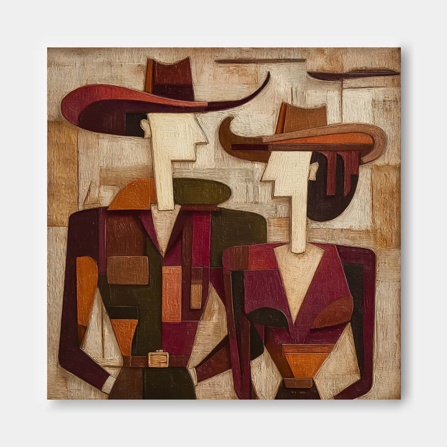 Retro Western Abstract Couple Oil Painting Cowboy Hats Vintage Geometric Wall Art For Home Decor On Sale