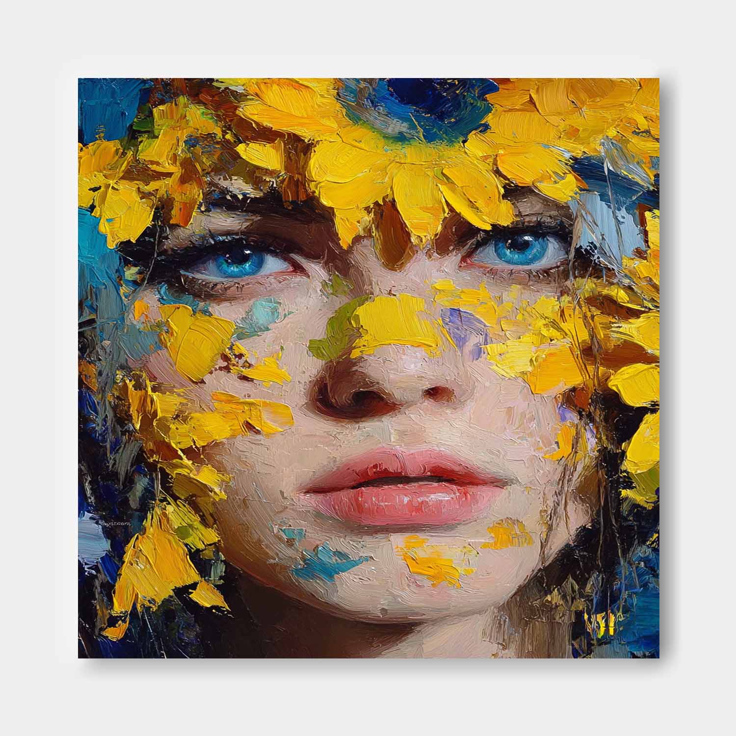 Original Painting Portrait With Sunflowers Modern Thick Brushstroke Wall Art Handmade Canvas Contemporary Artwork