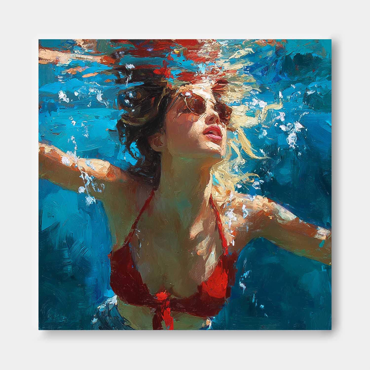 Lady Artwork Original Woman swimming Wall Art Square Diving In Ocean Girl Acrylic Painting Home Decor