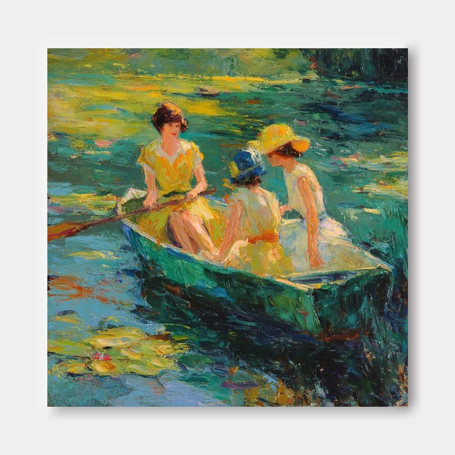Hand-Painted Art Ladies In Vintage Yellow Dresses Boating On Lily Pond Impressionist Scene Home Wall Decor