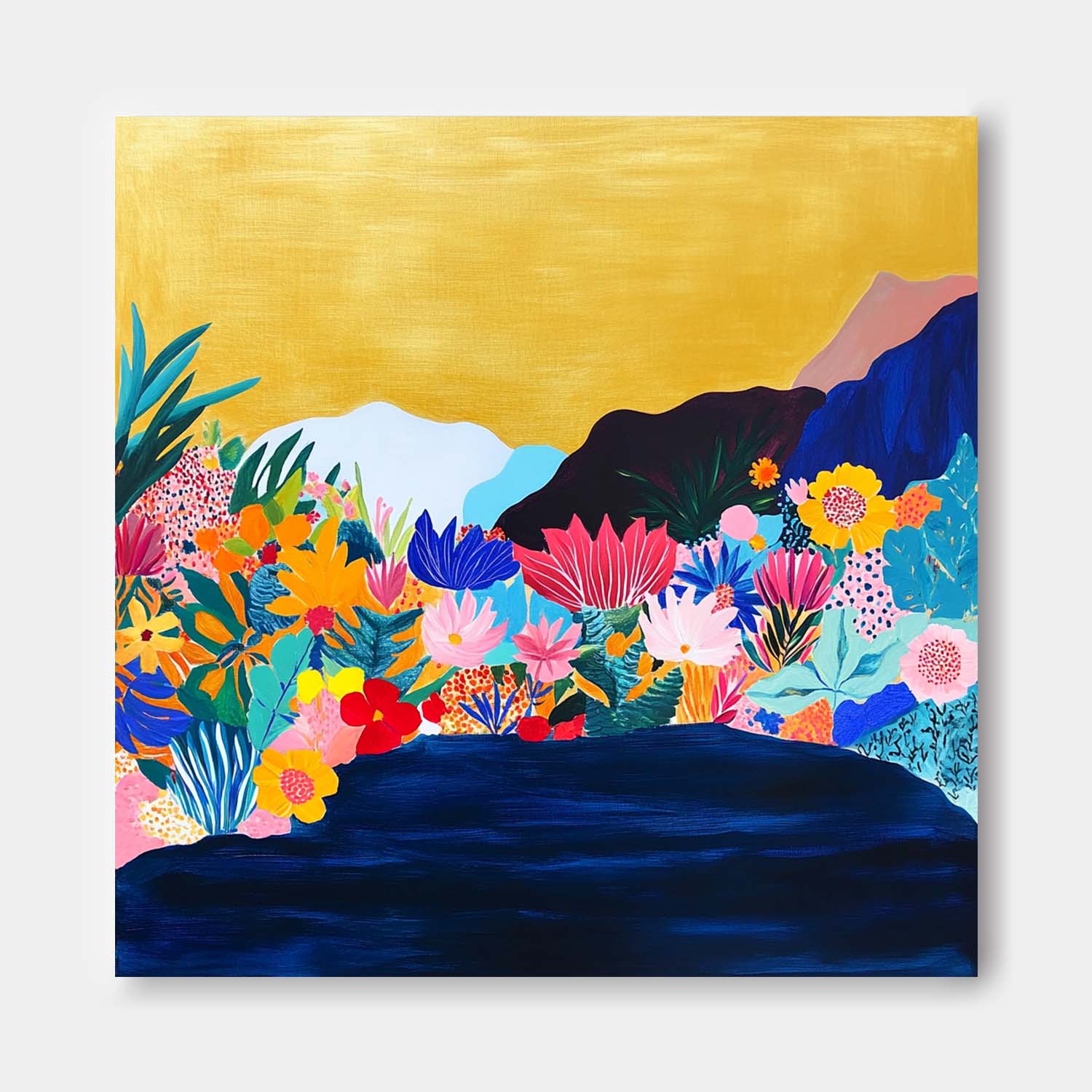 Large Illustration style Wall Art Floral Painting on Canvas Original Flower Bush Botanical Square Artwork