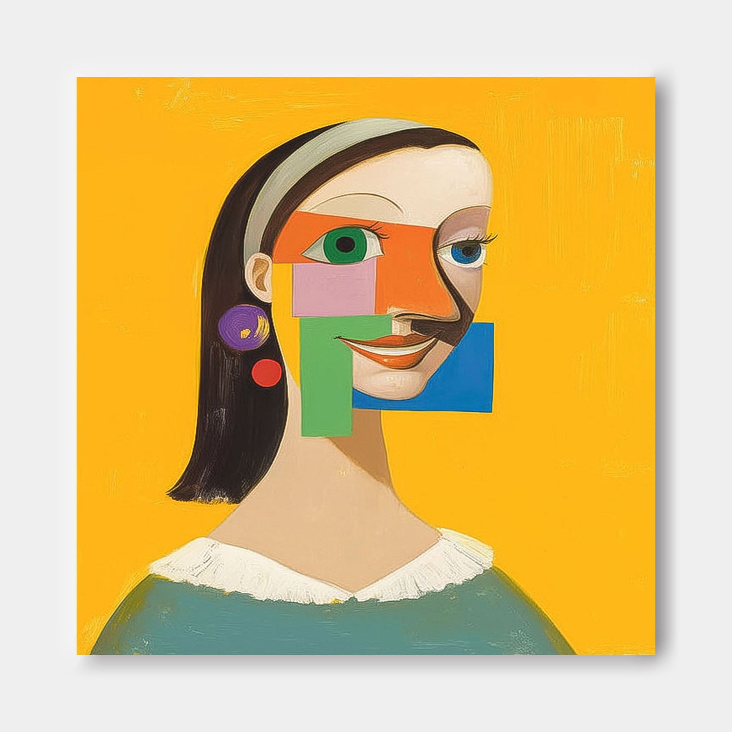 Origina Woman Acrylic Painting Canvas Abstract Geometric Face Lady Wall Art Square Large Girl Artwork