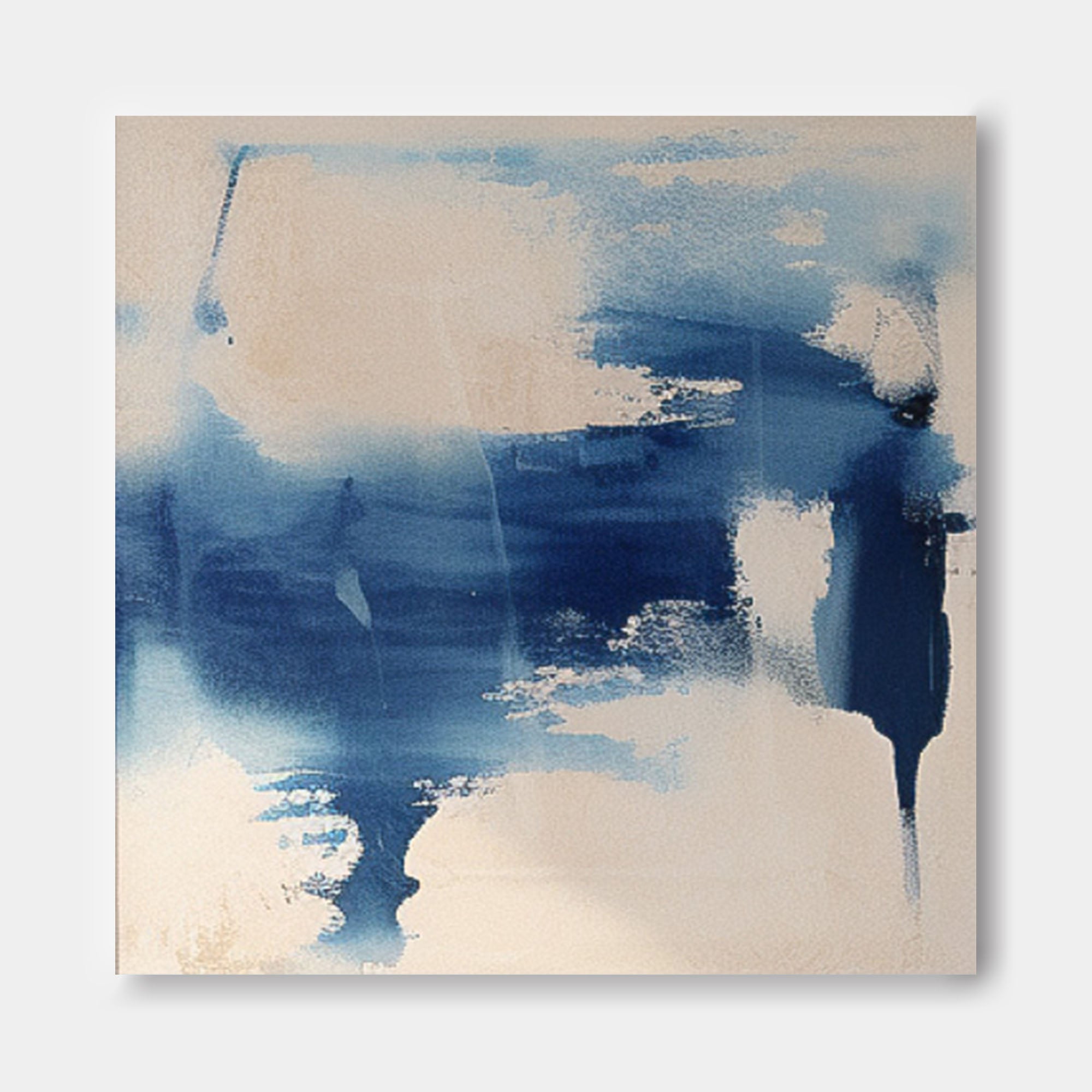 Square Abstract Wall Art Original Minimalist Ink Painting For Sale Blue Painting Canvas For Living Room